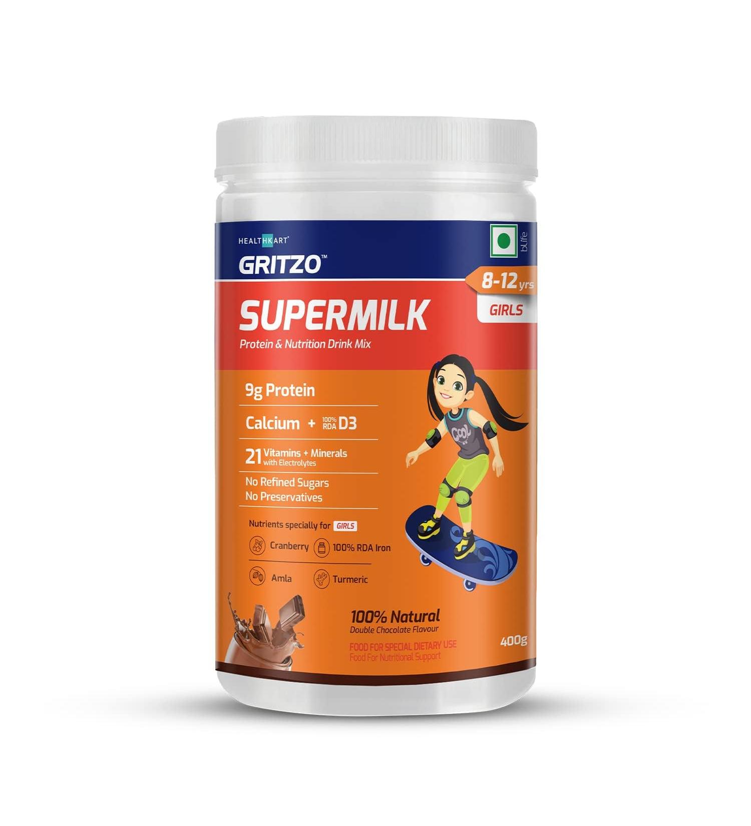 SuperMilk 8-12y - Kids Nutrition Drink High Protein Powder for Growth & Sports Natural Double Chocolate 21 Nutrients Calcium + D3 400g - Buy Online on GoSupps.com
