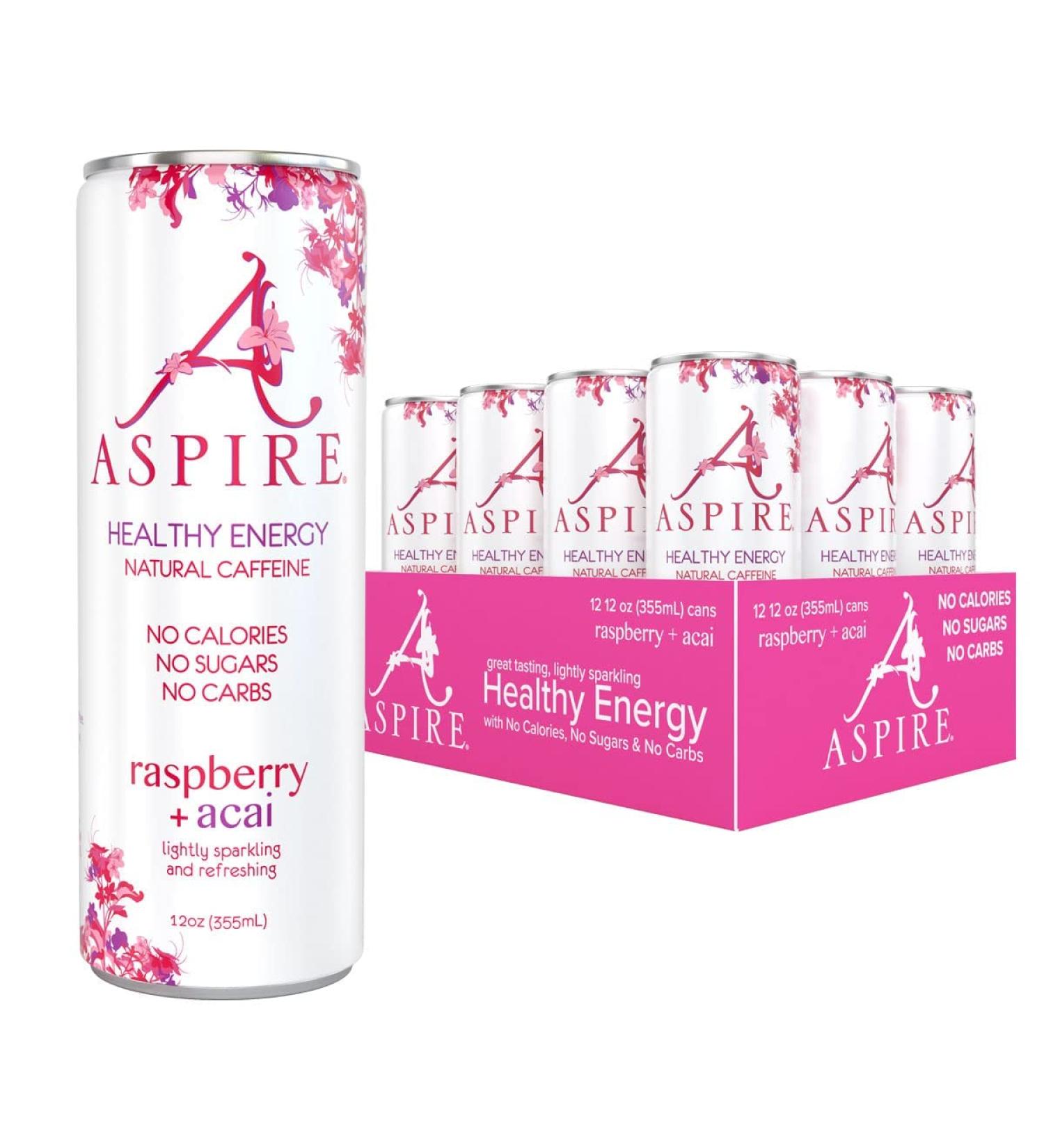 Aspire Healthy Energy Drink - Natural Caffeine, No Calories, Sugar, or Carbs | Vitamins B, C, Biotin | No Preservatives, Gluten Free | Vegan, Kosher, Keto-Friendly | 12 oz Can, Raspberry Acai (Pack of 12) - Buy Online on GoSupps.com