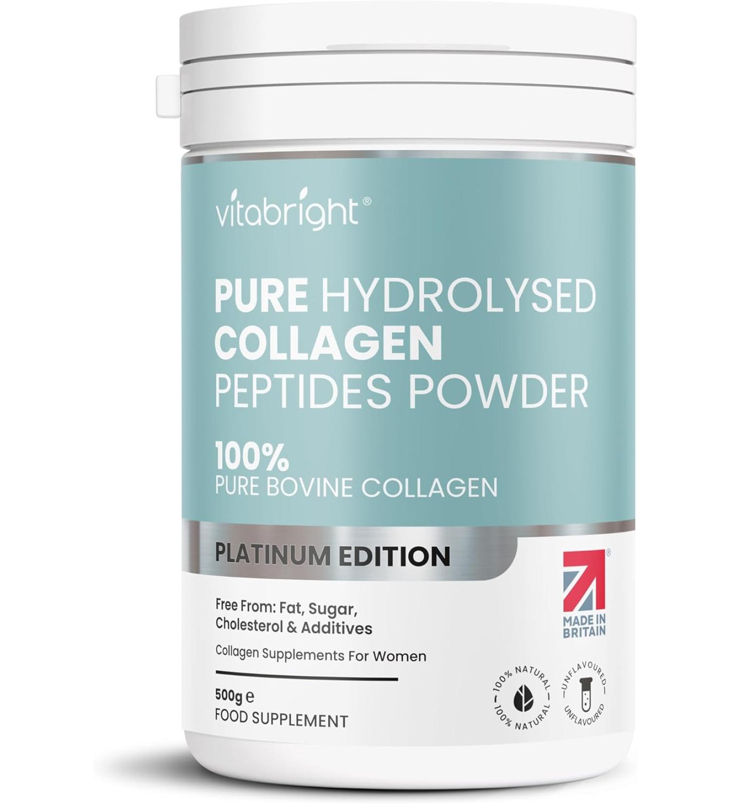 VitaBright Bovine Collagen Peptides Powder 500g - 50 Servings | Pure Hydrolysed Type 1 & 3 with 19 Amino Acids | High Essential Amino Acids & BCAAs | Halal & Kosher Certified | Made in UK - Buy Online on GoSupps.com