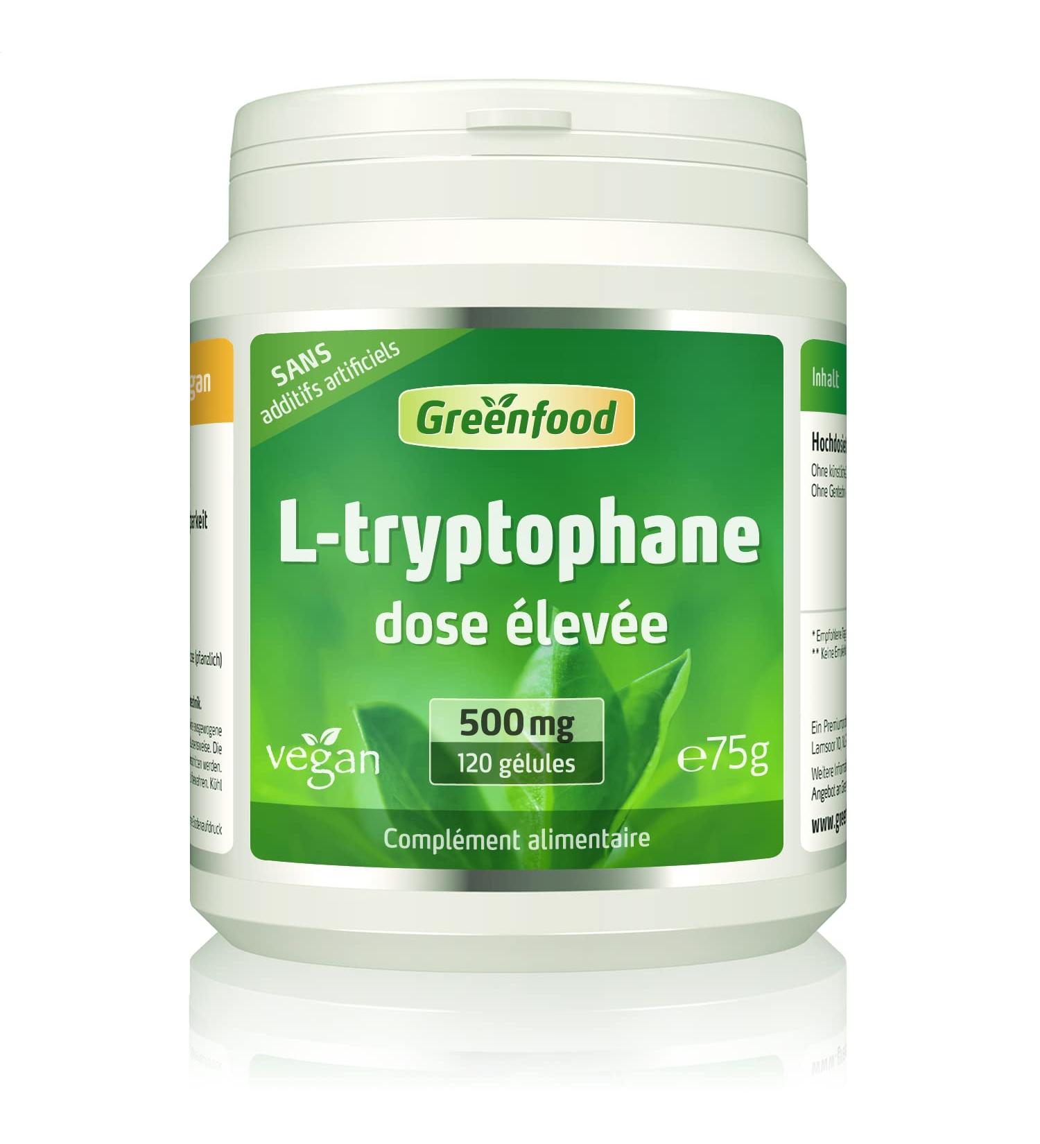 Greenfood L-Tryptophan 500 mg 120 Capsules - No Artificial Additives - Non-GMO - Lactose Free - Gluten Free - Vegan. - Buy Online on GoSupps.com