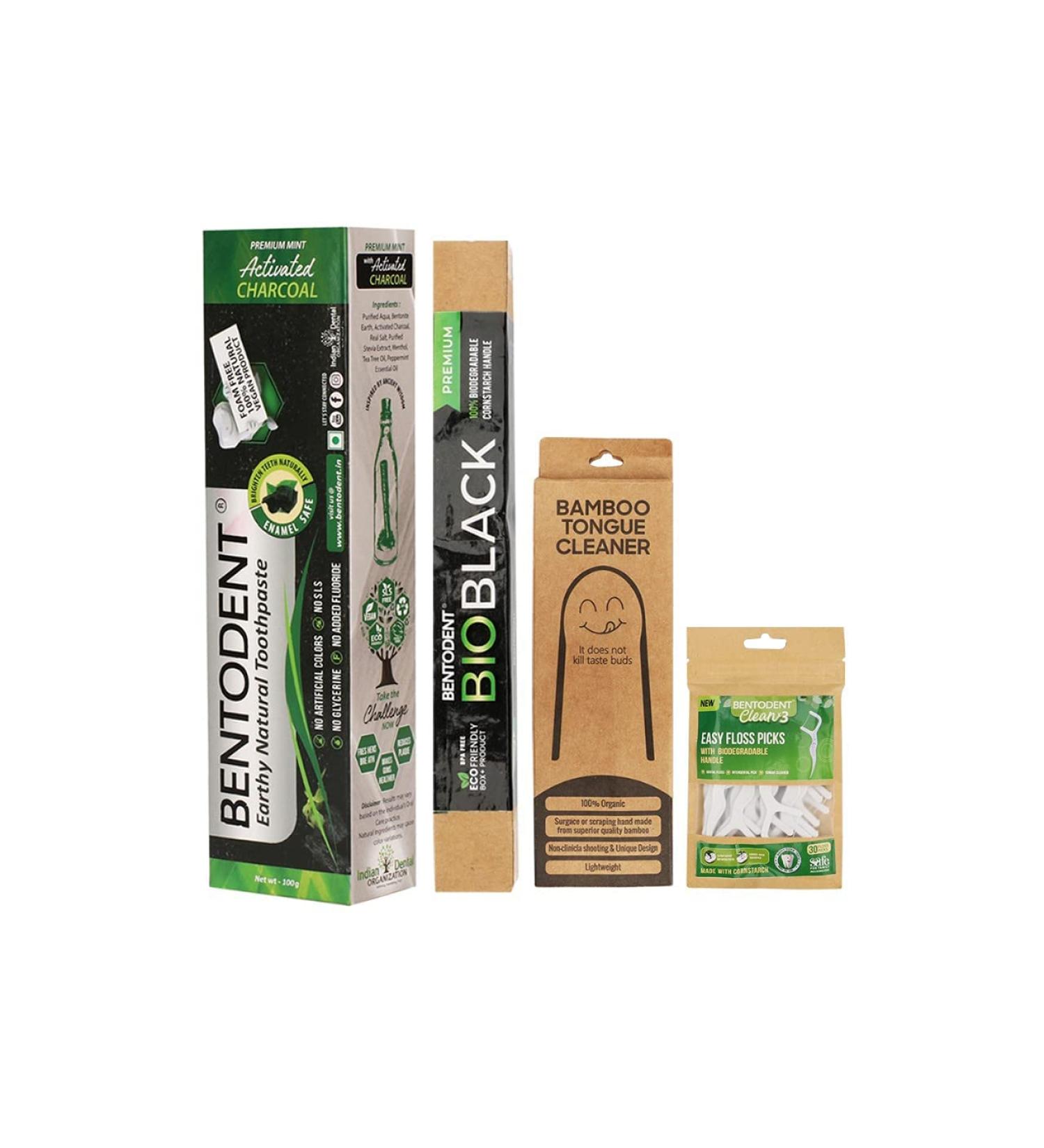 Bentodent Toothpaste Smile Box - Complete Oral Care Set with Charcoal Toothpaste Bamboo Toothbrush Tongue Cleaner & Biodegradable Floss - Shop Internationally - Buy Online on GoSupps.com