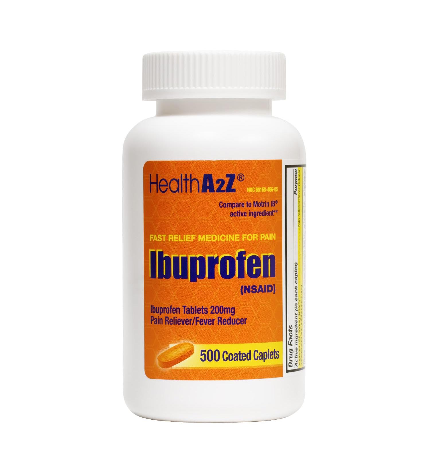 HealthA2Z Orange Ibuprofen 200mg | 500 Coated Caplets | Pain Relief | Body Aches | Headache | Arthritis | Cramps | Back Pain | Fever Reducer | NSAID - Buy Online on GoSupps.com