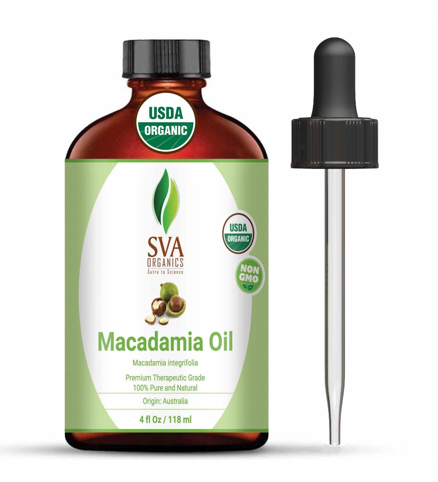 SVA Organics Macadamia Carrier Oil - 100% Pure Organic Certified - 118ml with Dropper - Cold Pressed for Soft Skin, Strong Hair - Therapeutic Grade Aromatherapy & Massage - Buy Online on GoSupps.com