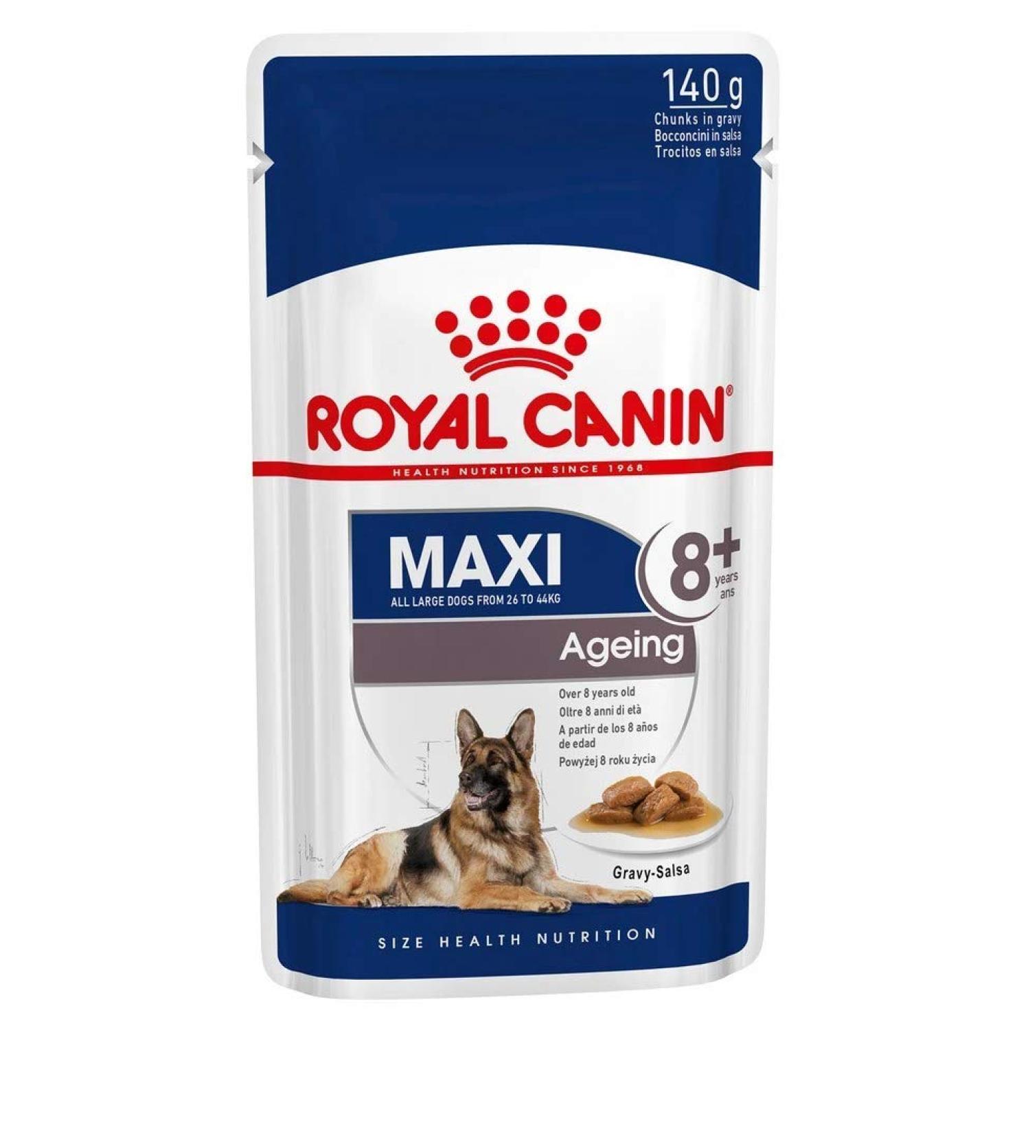 ROYAL CANIN Humid Food Maxi Aging 8+ Pieces of Meat in Sauce for Senior Large Breed Dogs - box 10 x 140 GR (Bags) - Buy Online on GoSupps.com