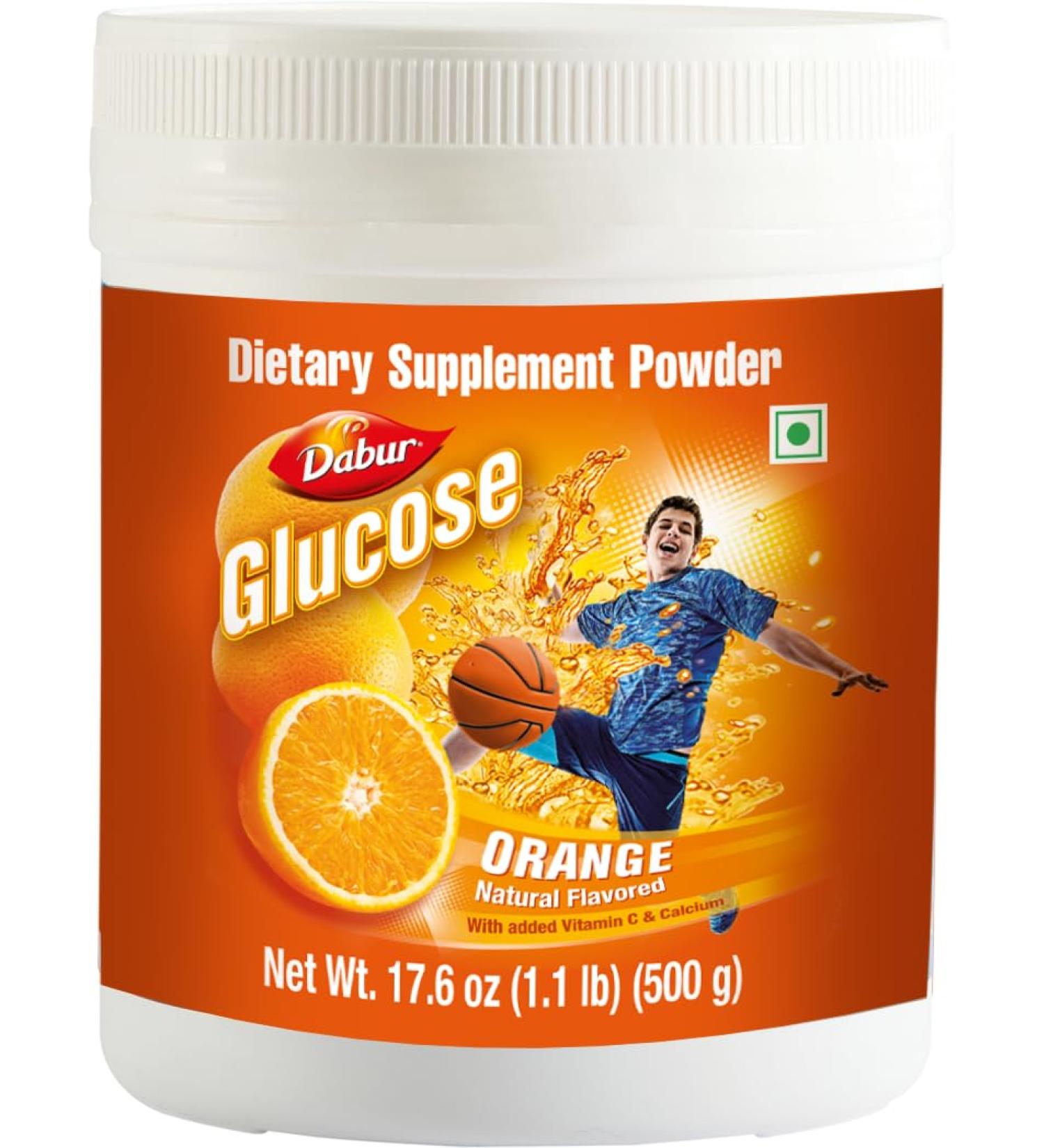 Dabur Glucose - Glucose Powder - Fortified with Vitamin D and Calcium - A Tasty Orange - 500 Grams - Buy Online on GoSupps.com
