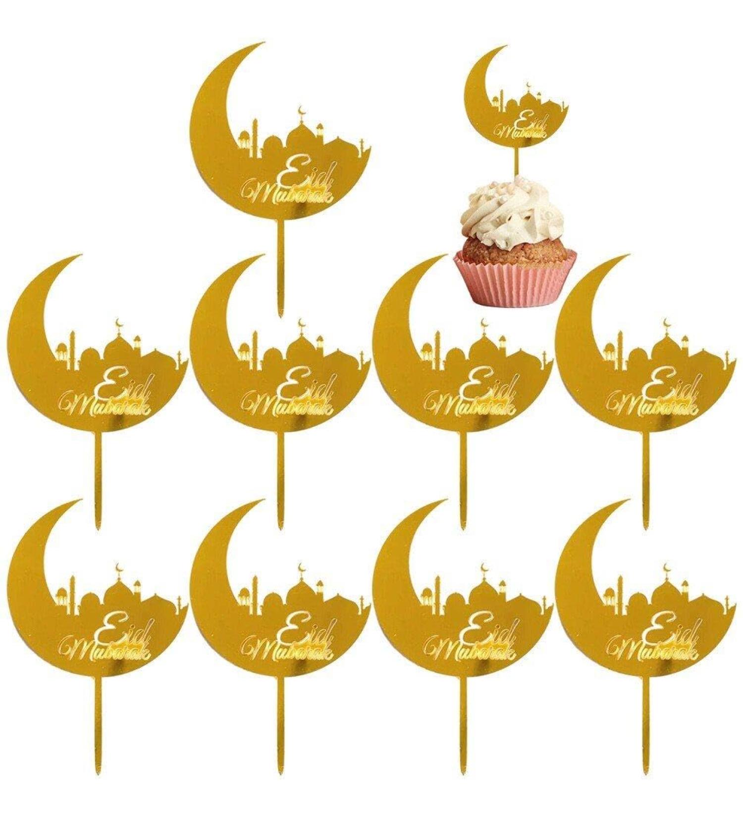 Eid Mubarak Cupcake Toppers 10pcs Eid Acrylic Cupcake Topper Ramadan Cake Decorations Kareem Party Supplies for Muffin Cake Gold - Buy Online on GoSupps.com