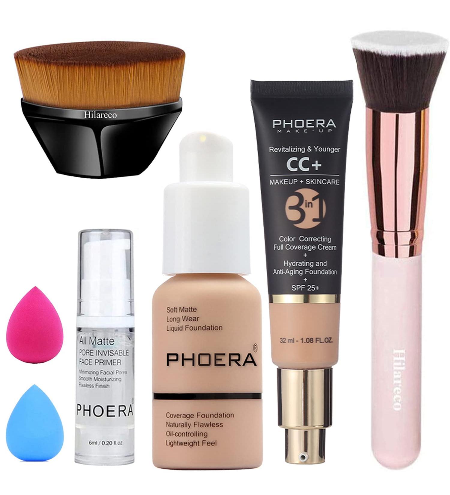 PHOERA Foundation CC+ Cream Anti-Aging Serum SPF 25+ Primer Makeup Set with Kabuki Brushes - 103 Warm Peach + 120 Nude CC Cream - Buy Online on GoSupps.com