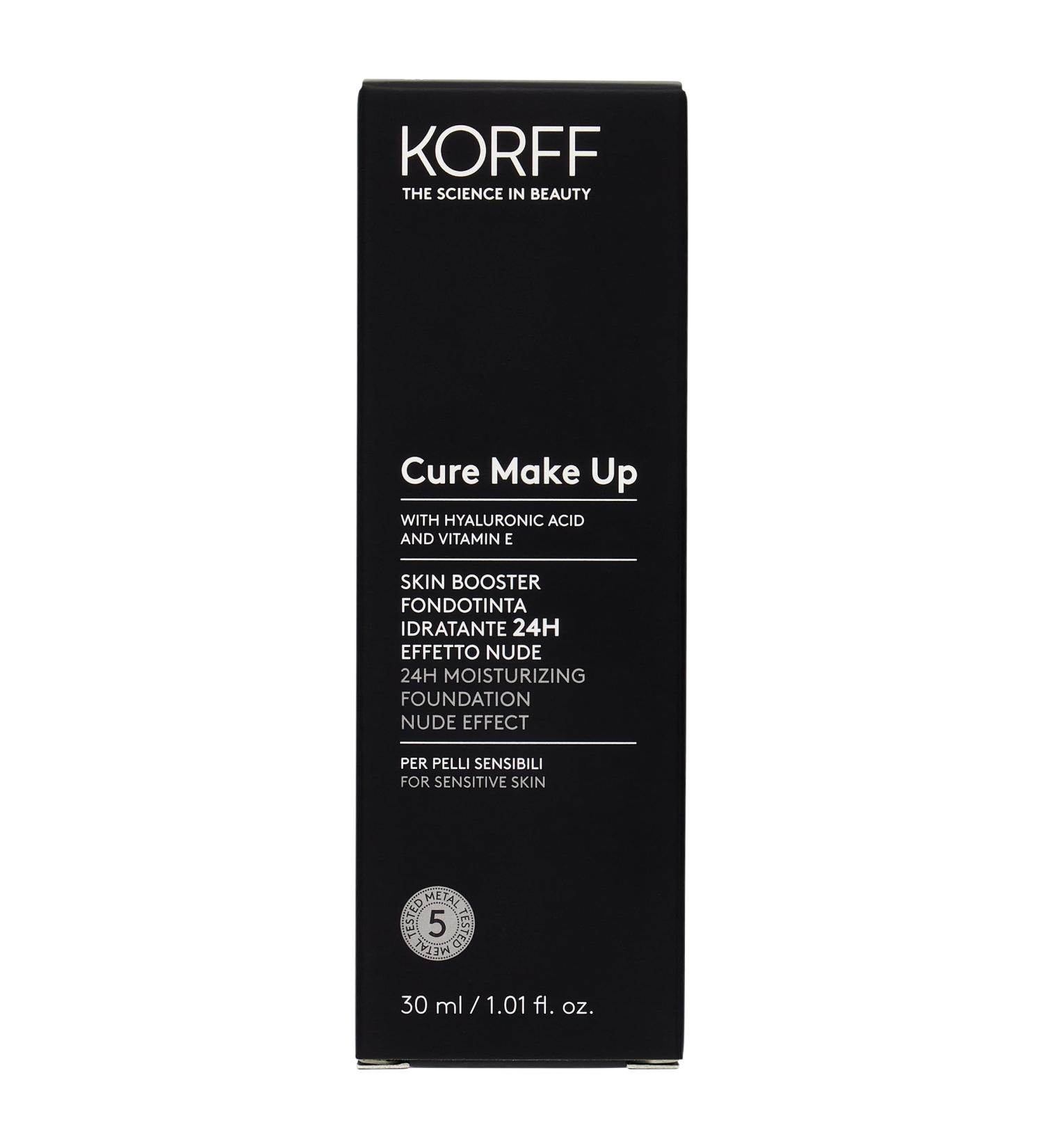 Korff Skin Booster 24-hour moisturizing foundation nude effect with hyaluronic acid and vitamin E fine and silky texture low coverage nude 01 30 ml bottle