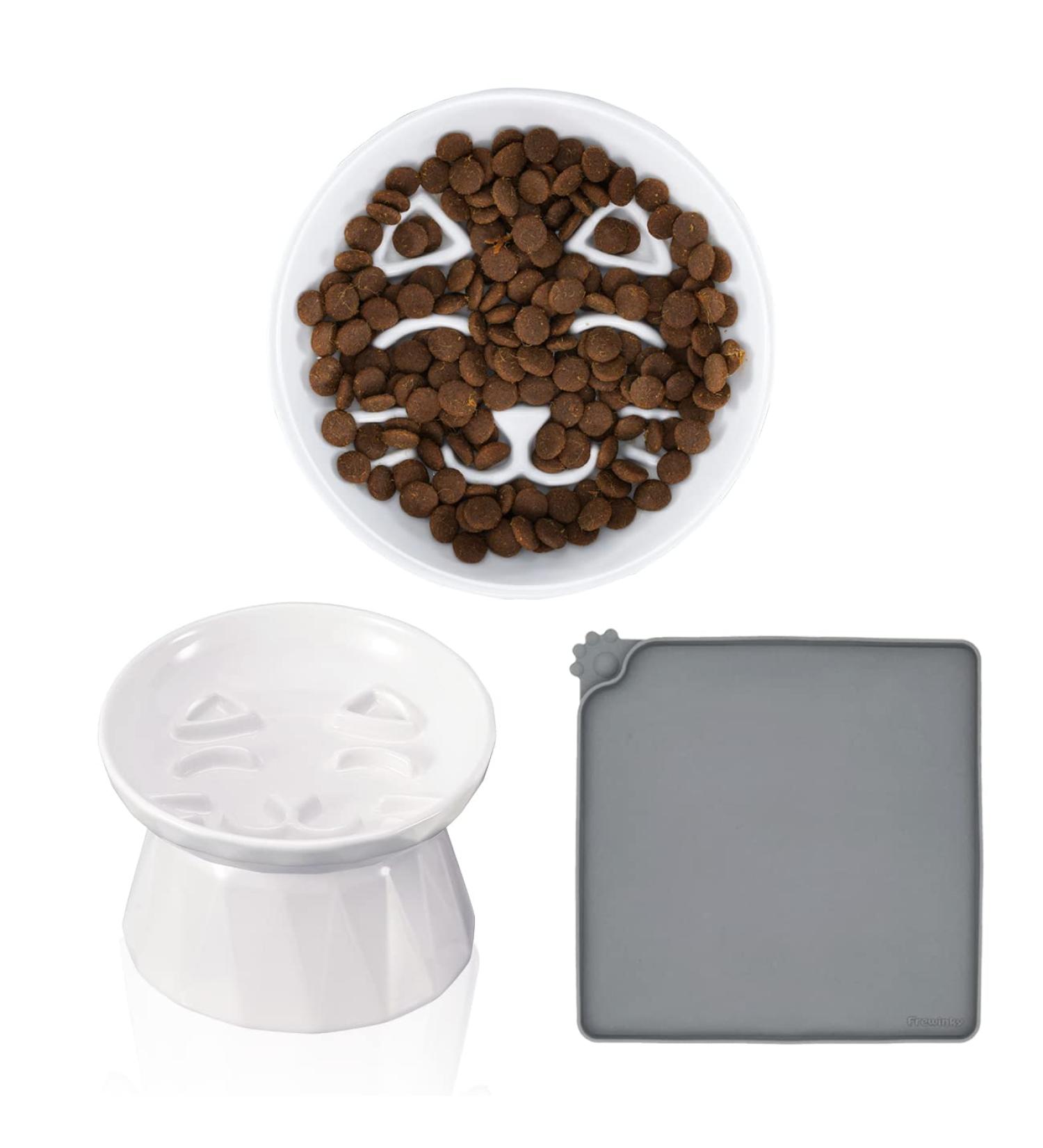 Frewinky Ceramic Slow Feeder Cat Bowl for Cats and Small Dogs - Elevated Food Bowl and Mat - Buy Online on GoSupps.com