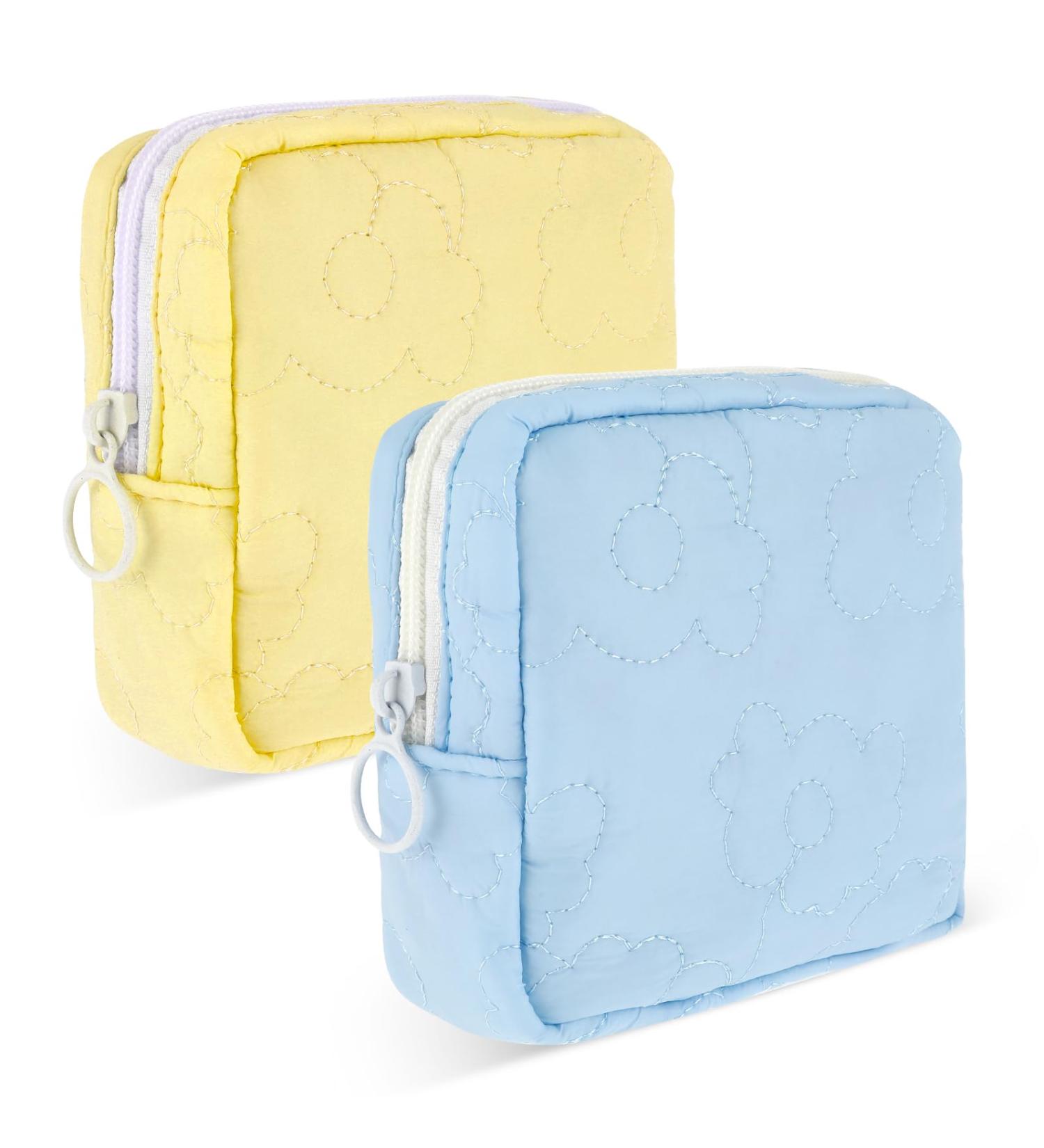Embroidery Sanitary Napkin Storage Bag 2Pcs - Portable Period Holder for Menstrual Cup, Pads, Tampons - Yellow+Blue - Buy Online on GoSupps.com