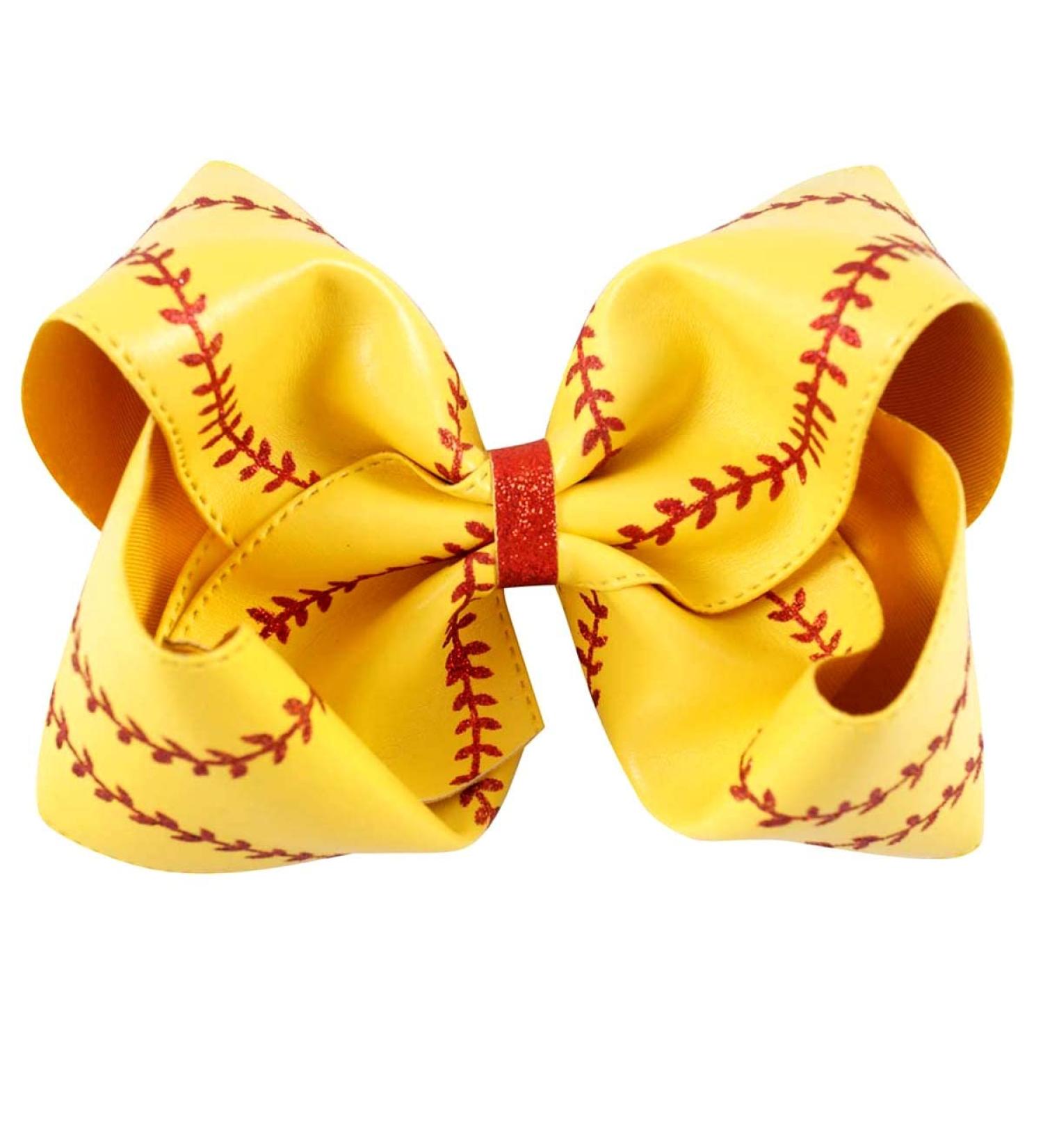 Glitter Baseball Softball Hair Bow Clip - Red Yellow Leather Cheer Hairbow Barrette, Large Ponytail Holder for Girls Cheerleading and Sports Players - Buy Online on GoSupps.com