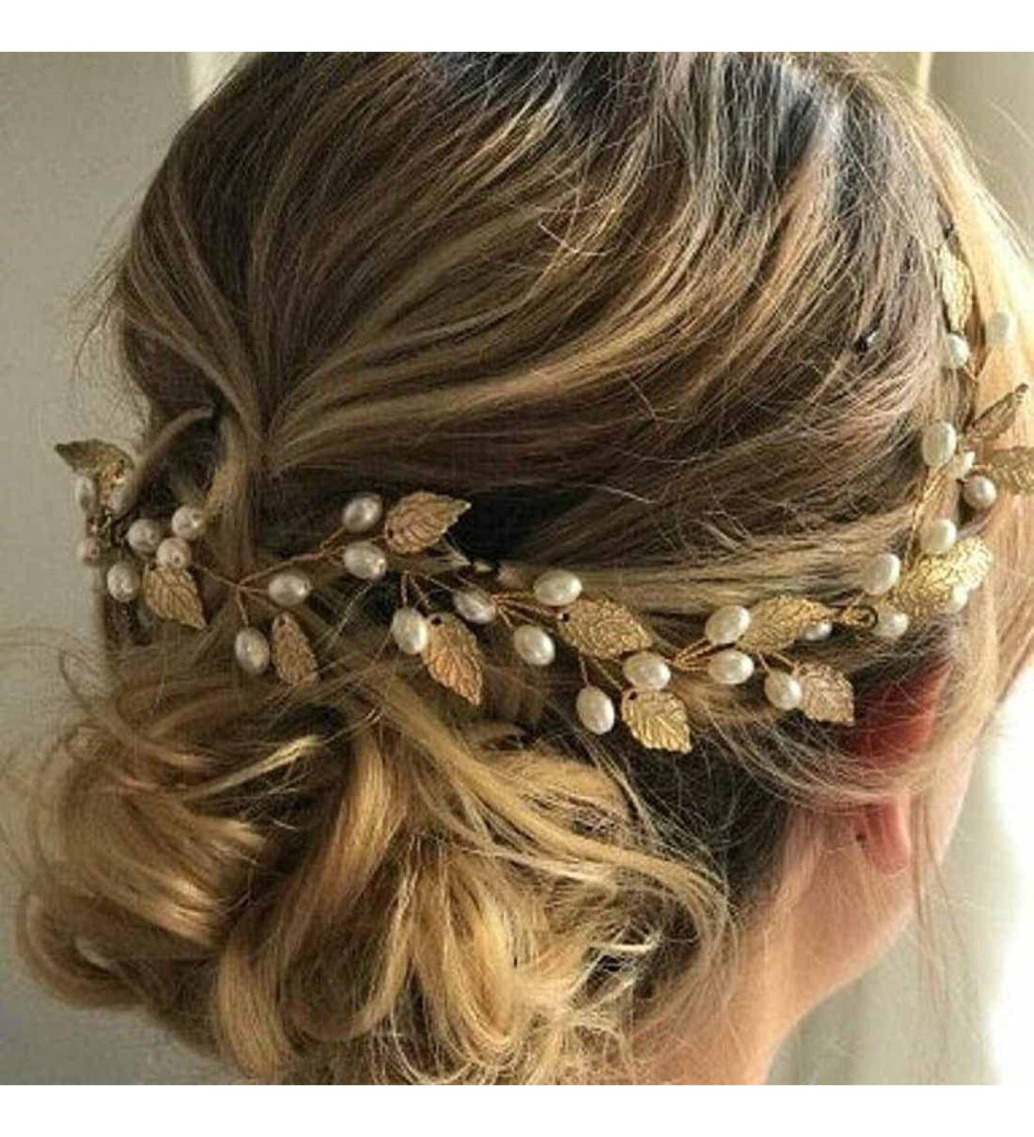 Prosy Bridal Jewelry - Gold Hair Vine with Leaves & Pearls | Elegant Headdress & Hair Accessories for Weddings - Buy Online on GoSupps.com