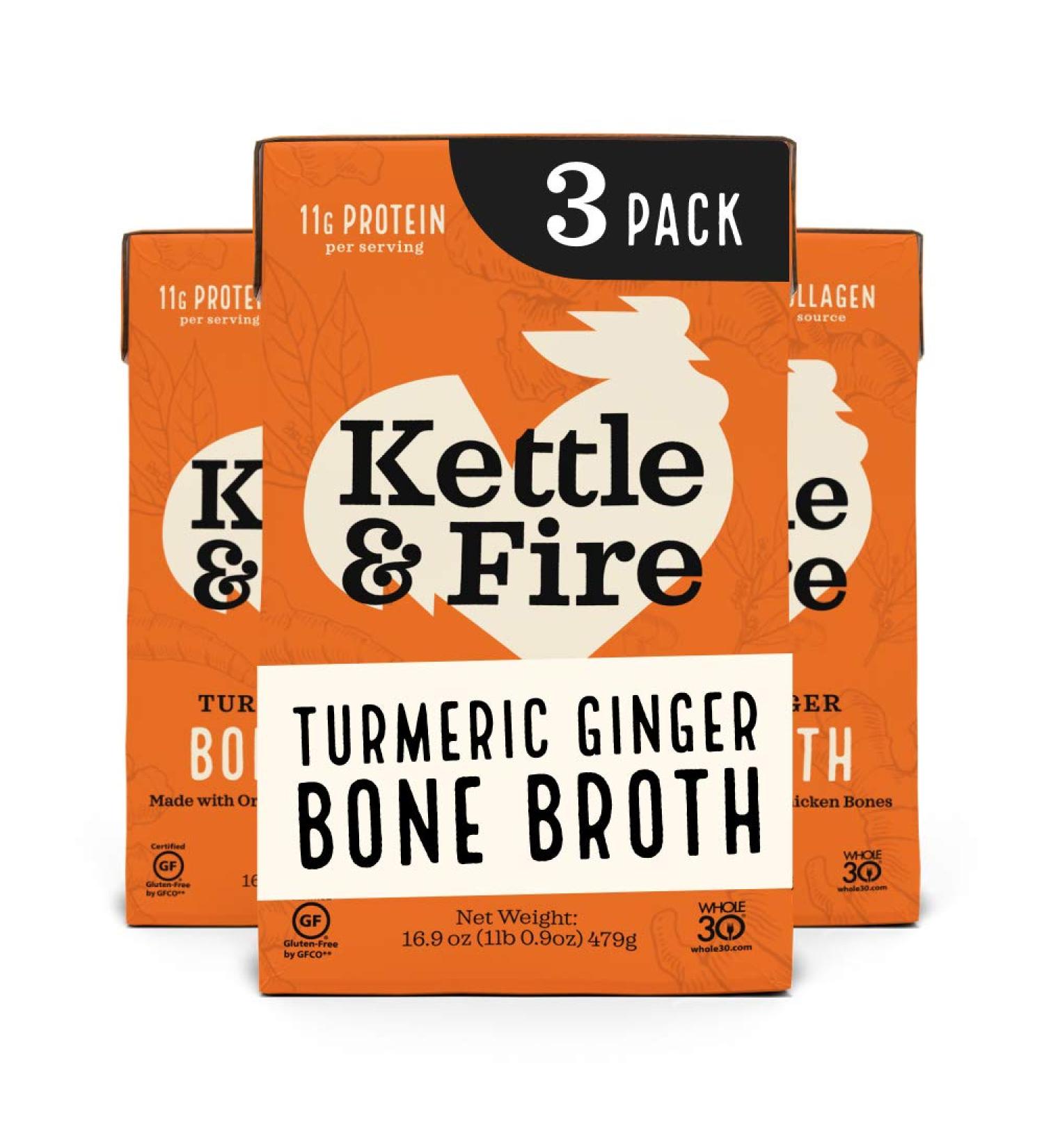 Kettle and Fire Turmeric Ginger Chicken Bone Broth  Keto  Paleo  and Whole 30 Approved  Gluten Free  High in Protein and Collagen  3 Pack 16.9 Ounce (Pack of 3) - Buy Online on GoSupps.com