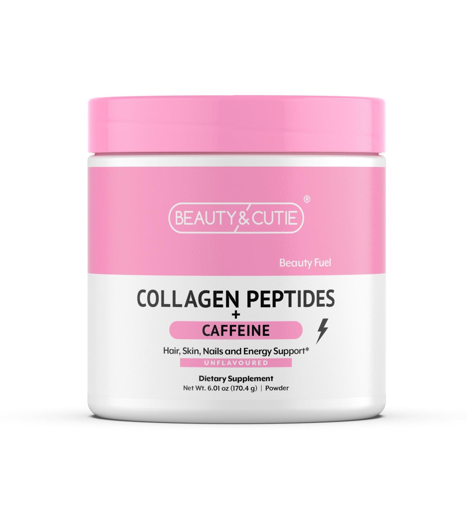 BEAUTY AND CUTIE Collagen Peptides with Caffeine 200 mg Powder Grass Fed for Hair Skin Nails and Energy Support Gluten Free Unflavored 6.01 oz - Buy Online on GoSupps.com