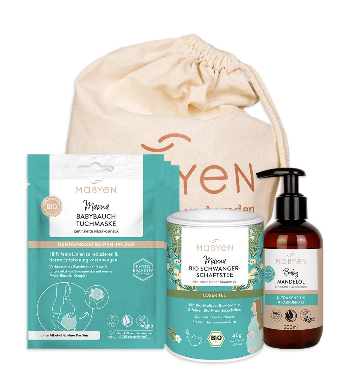 Mabyen Pregnancy Set | Natural Vegan Cosmetics for Pregnant Women | 3 Baby Belly Masks Almond Oil & Pregnancy Tea | Stretch Mark Care - Buy Online on GoSupps.com