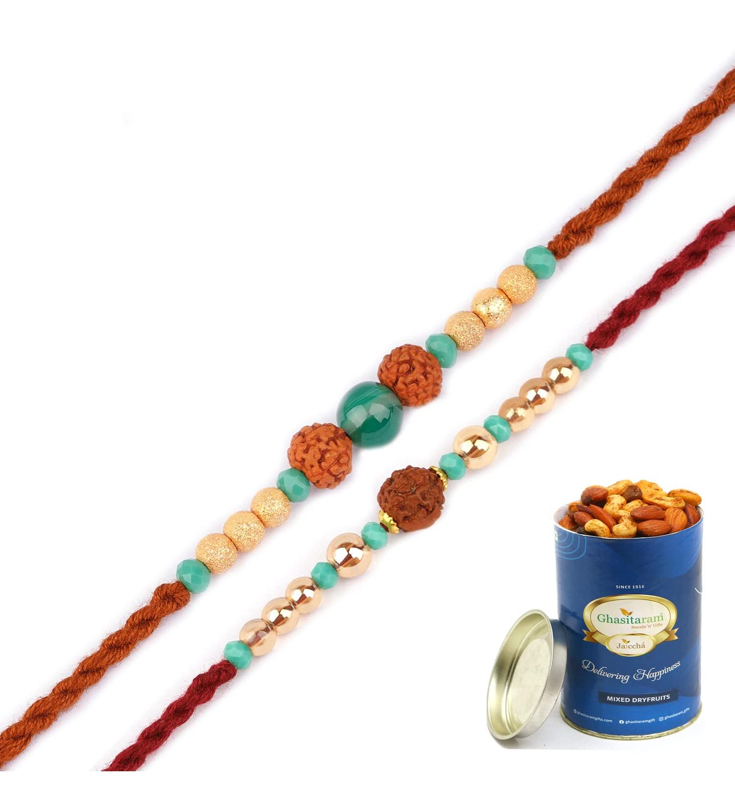 Ghasitaram Gifts Rakhi for Brother Rakhis Online - Set of 2-1891 and 1903 Rudraksh Rakhis with 100 GMS of Dryfruits Mix Can - Buy Online on GoSupps.com