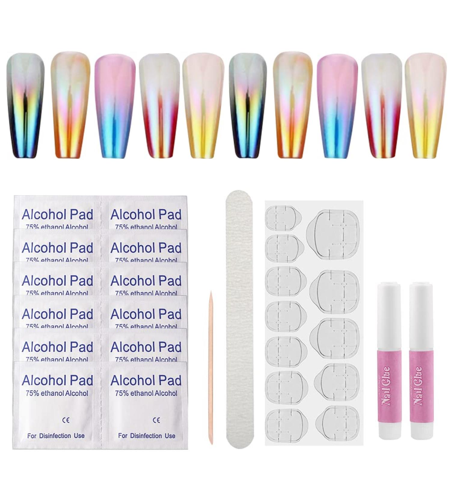 24 PCs Press On Nails Long Almond Rainbow Fake Nails Colorful Coffin Press On Nails Kit False Nails with Glue and Tools (CBJG-5 fix) - Buy Online on GoSupps.com