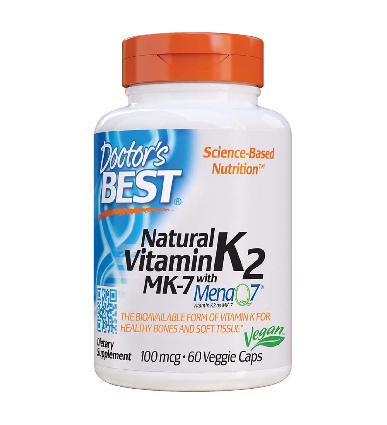 Doctor's Best Vitamin K2 MK-7 100 mcg - MenaQ7 60 Veggie Caps | Natural Bone & Heart Health - Buy Online on GoSupps.com
