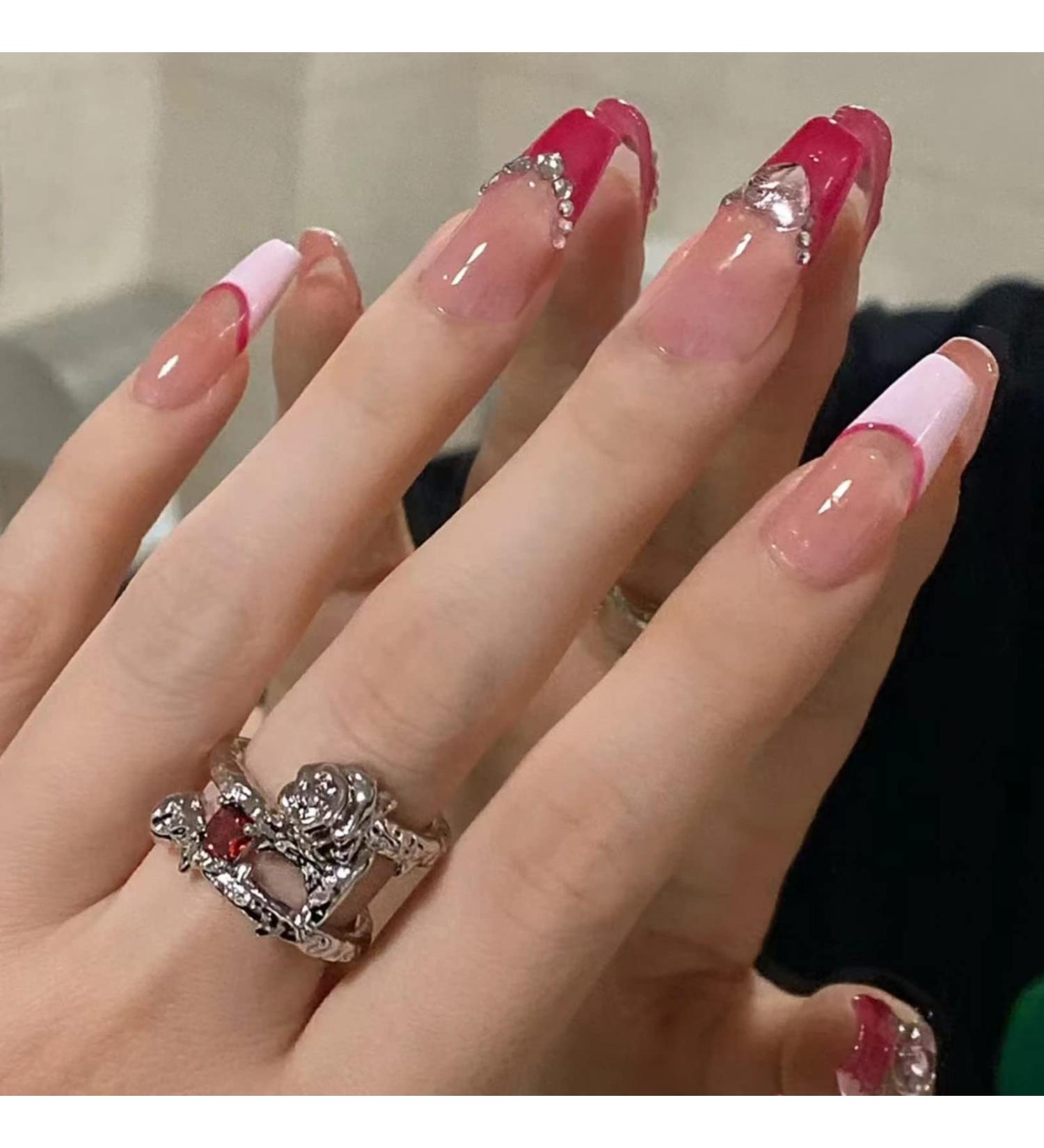 JUSTOTRY 24 Pcs Hot Pink Diamante French Press on Fake Nails - Beautiful Ballerina Stick on Nails for Women - Acrylic Coffin False Nails with Glue for Nail Art - Buy Online on GoSupps.com