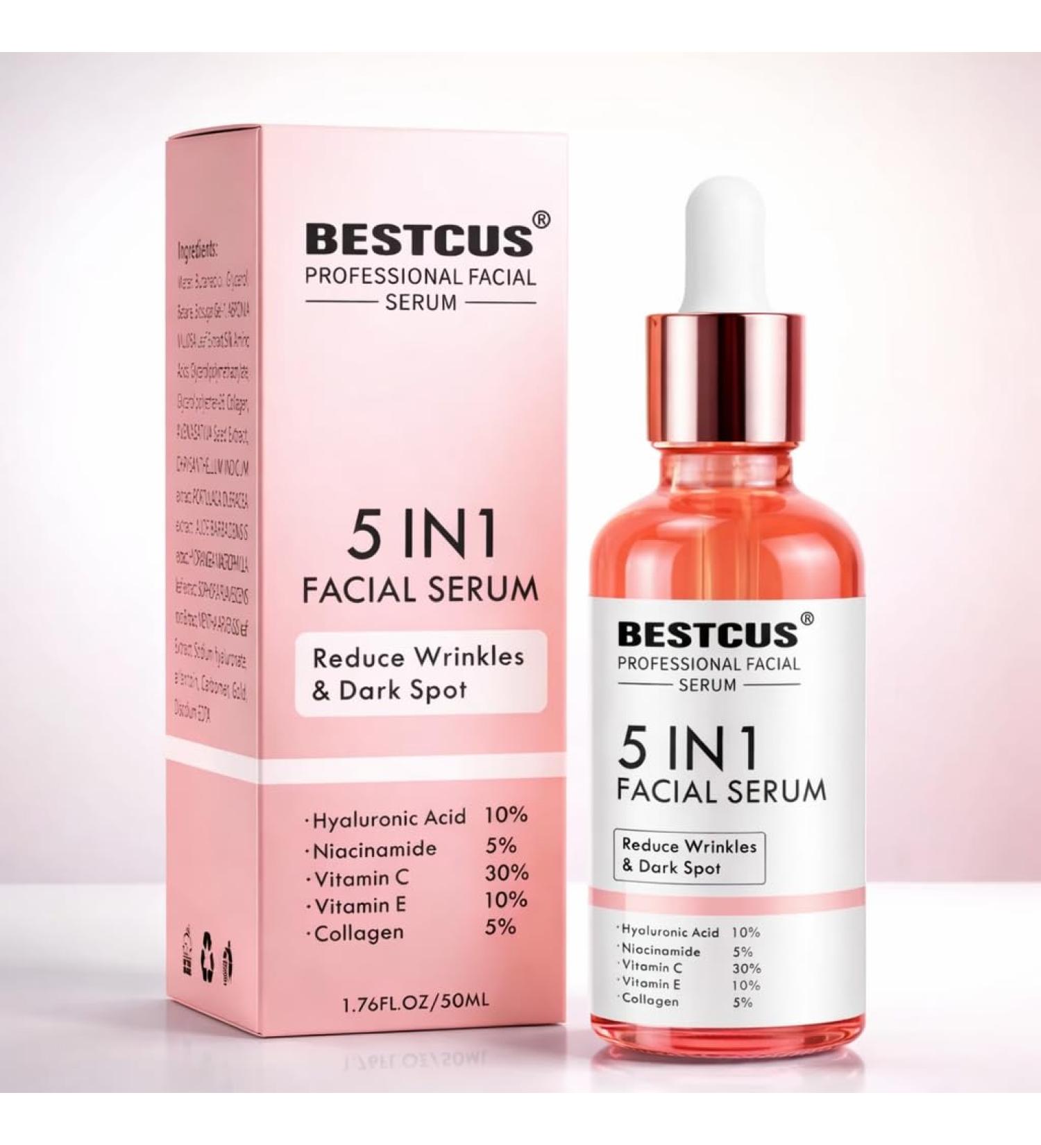 BESTCUS Professional 5-in-1 Facial Serum with Hyaluronic Acid Vitamin C 30% Niacinamide Collagen Anti-Wrinkle Dark Spot Treatment 1.76 Fl Oz - Buy Online on GoSupps.com