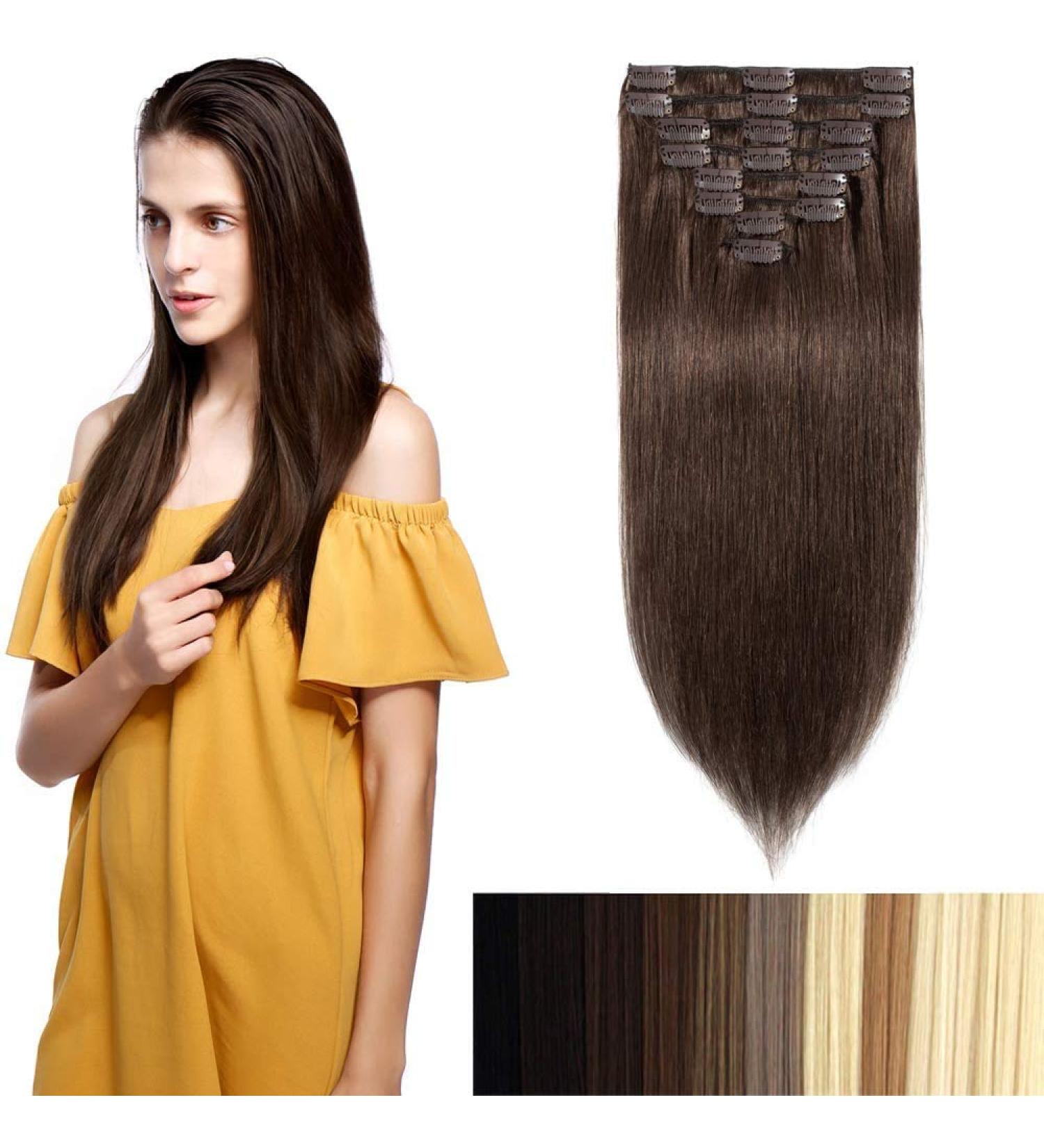 Buy 18 Clips Clip In Remy Human Hair Extensions - 50cm Medium Brown (#4) - 105g Straight Hair for Easy Styling - Buy Online on GoSupps.com