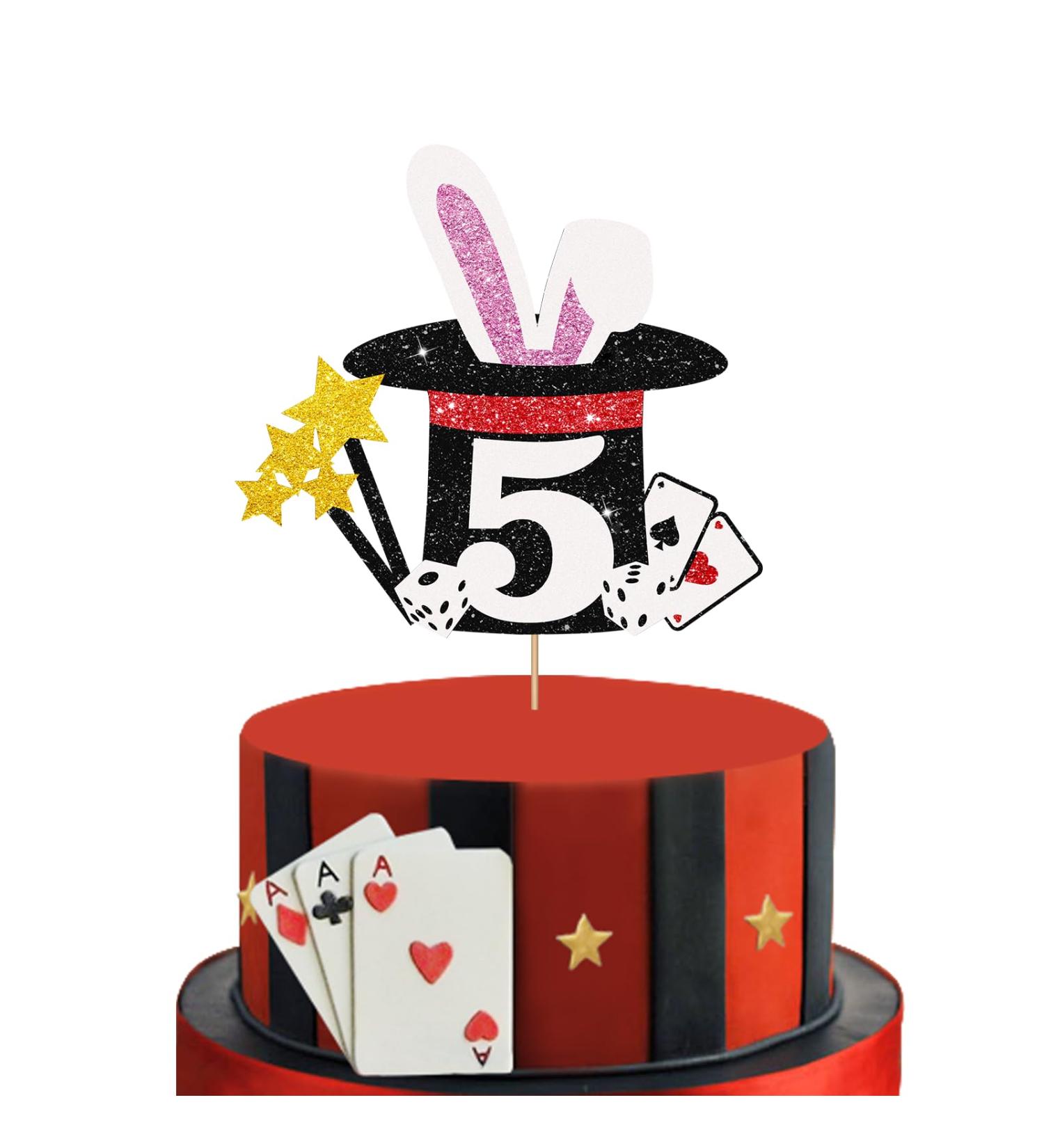 Magic Show 5th Birthday Cake Topper Black Glitter Magician Hat Five Years Old Birthday Cake Topper Magical Rabbit Cake Topper for Boys Magical Themed 5th Anniversary Party Decoration - Buy Online on GoSupps.com
