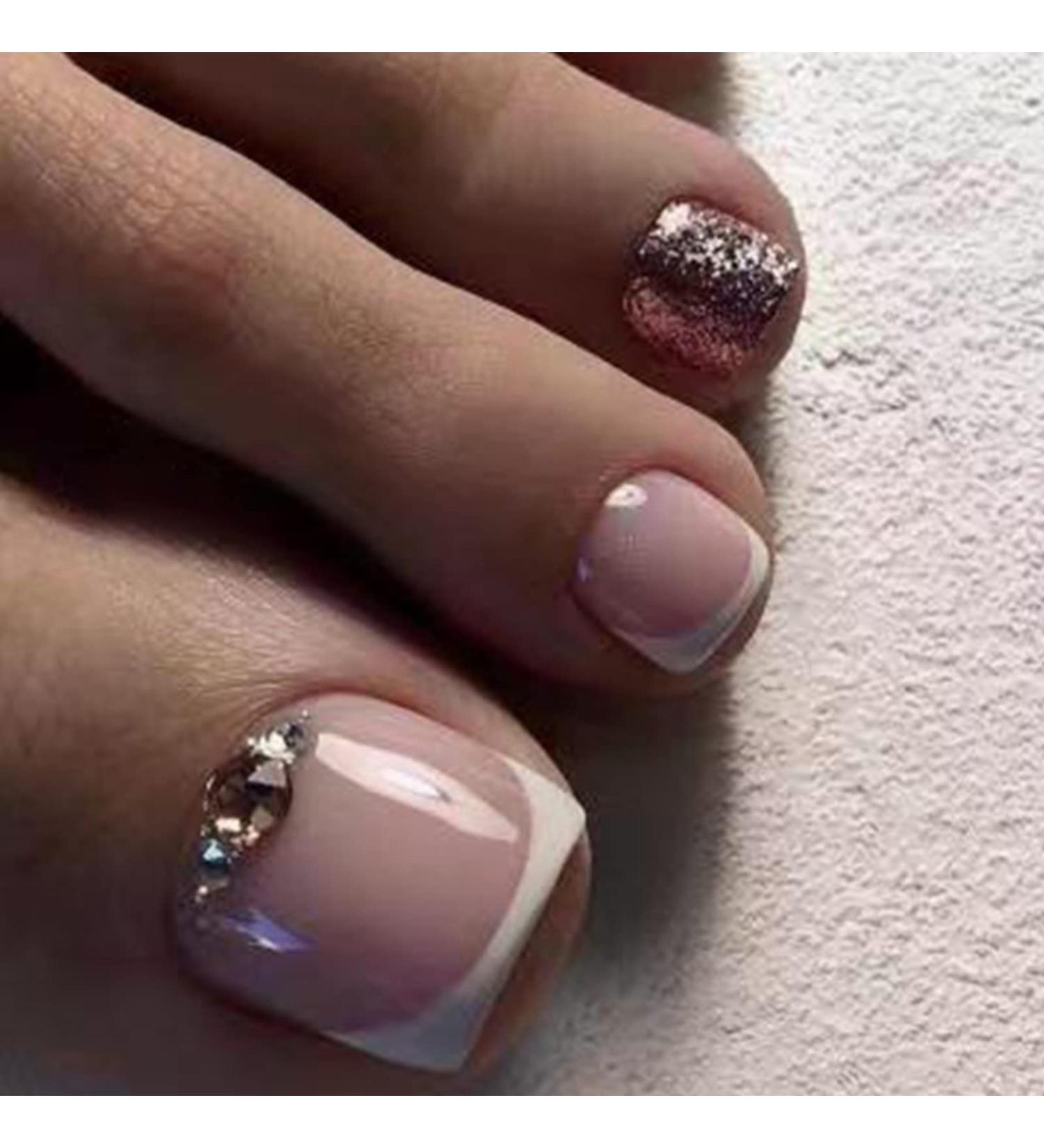 24Pcs Nude White Square False Toenails Glossy French Rhinestones Press on Toenails Shiny Stick on Toenails Short Acrylic Full Cover Summer Fake Toenails for Women and Girls Daily Decorations - Buy Online on GoSupps.com