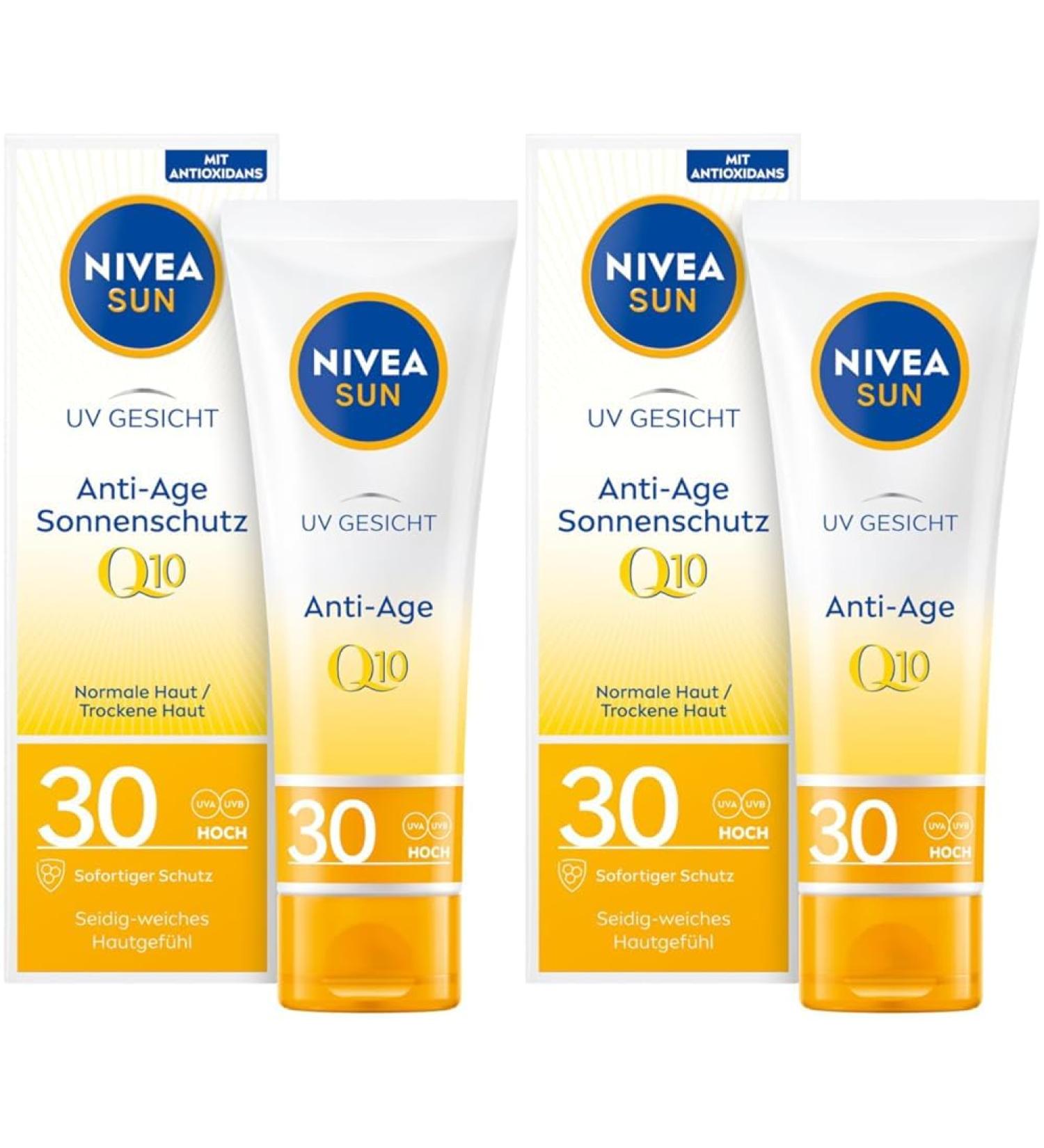 Nivea Sun UV Face Anti-Aging Sunscreen Q10 SPF 30 - Moisturizing & UVA/UVB Protection (2-Pack 50 ml each) - Best Facial Sunscreen for Wrinkle Defense - Buy Online on GoSupps.com