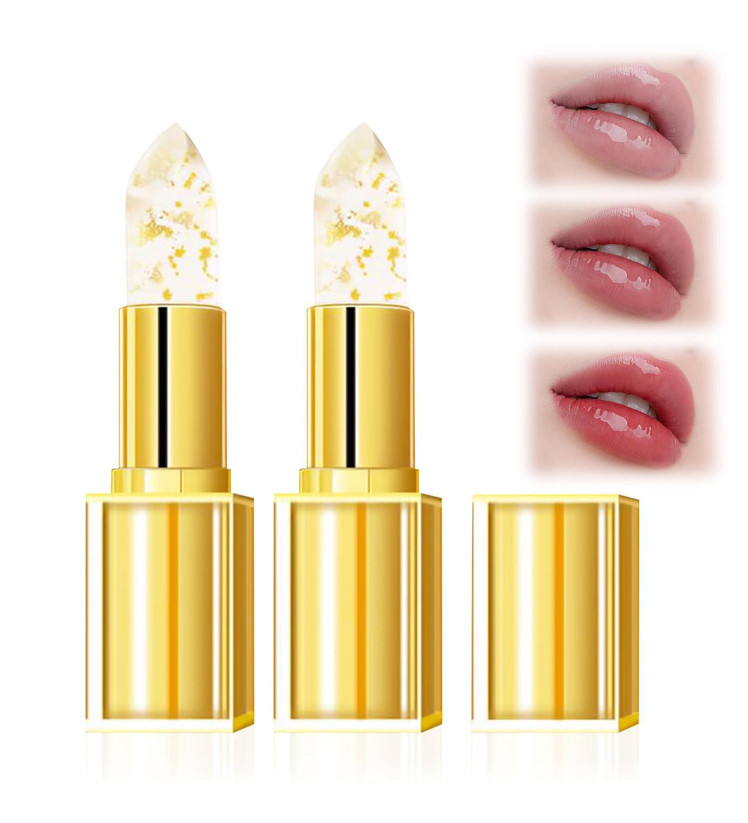 FLLUOUZH 2 Pieces Transferproof Color Changing Lipstick Gold Foil for Women Long Lasting Moisturizing Shiny Lip Gloss Deep Nourishment Transparent Gold Crystal Lipstick - Buy Online on GoSupps.com
