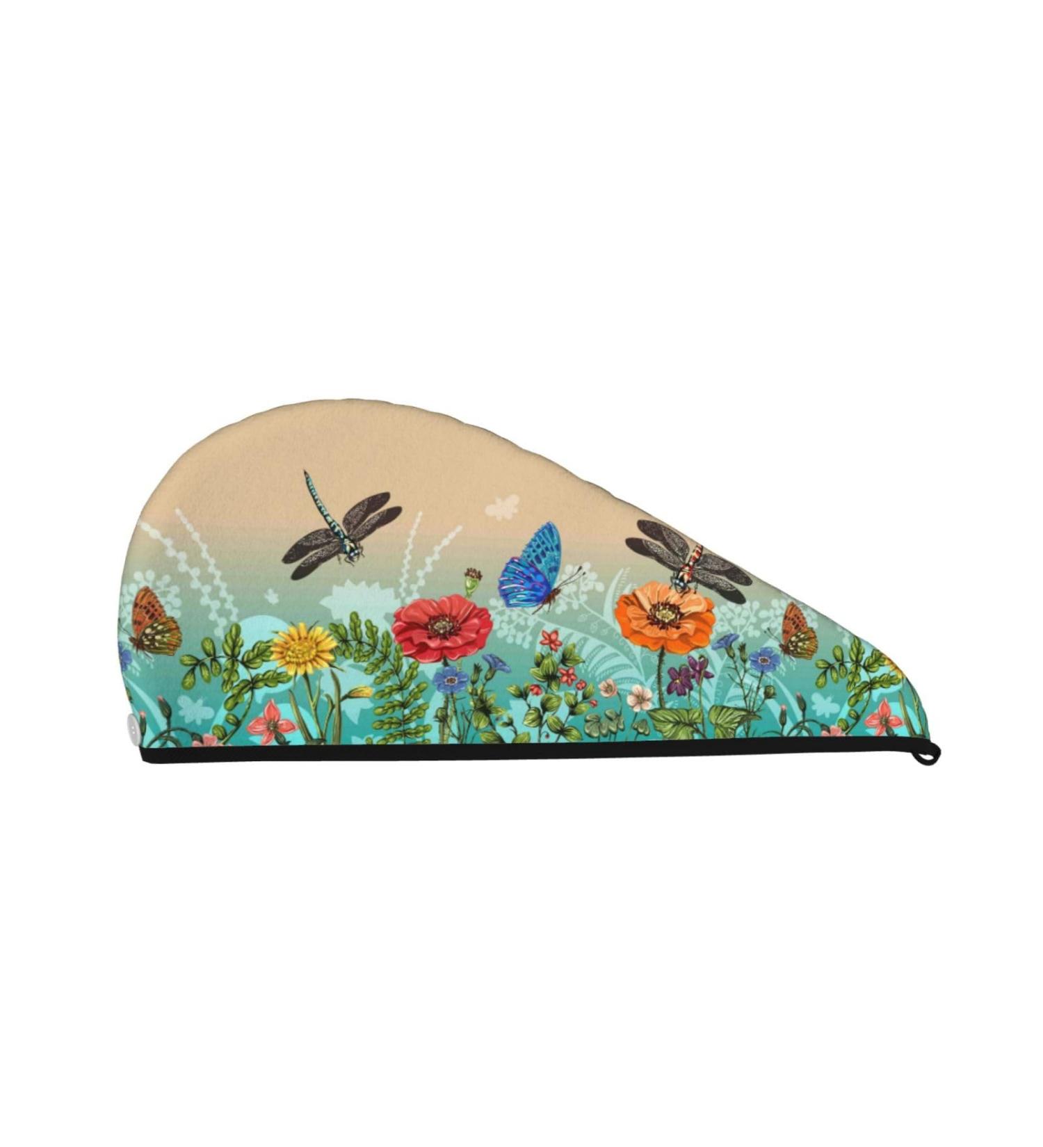 Hair Towel Wrap - Quick Drying Turban with Button | Colorful Plants & Insects Design - Buy Online on GoSupps.com