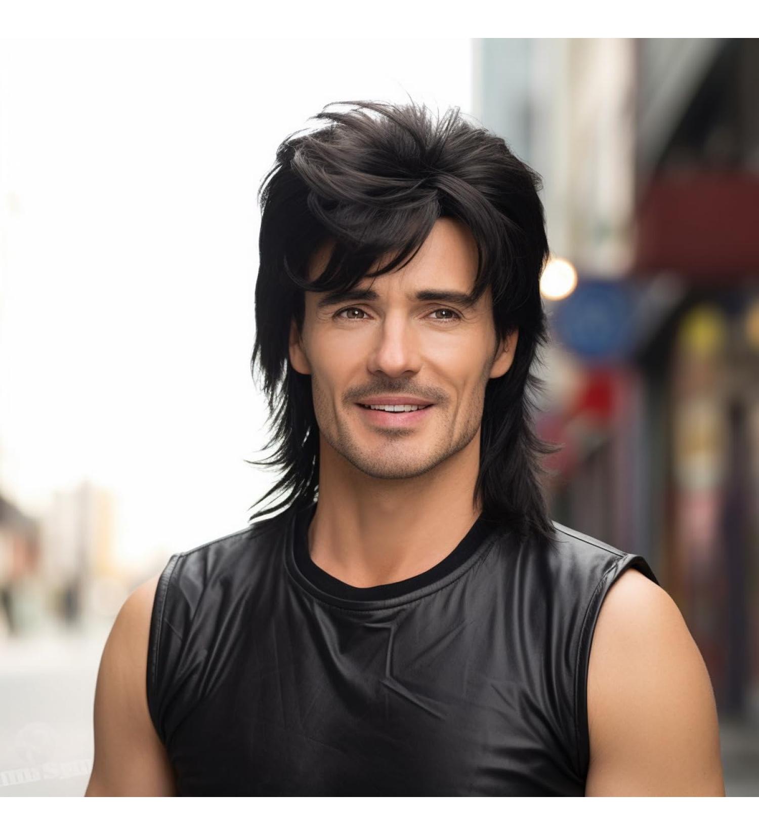 BERRYLION Men's Pop Rock Mullet Wig - Fancy Dress Wig for Adults - 70s/80s Style in Black - Buy Online on GoSupps.com