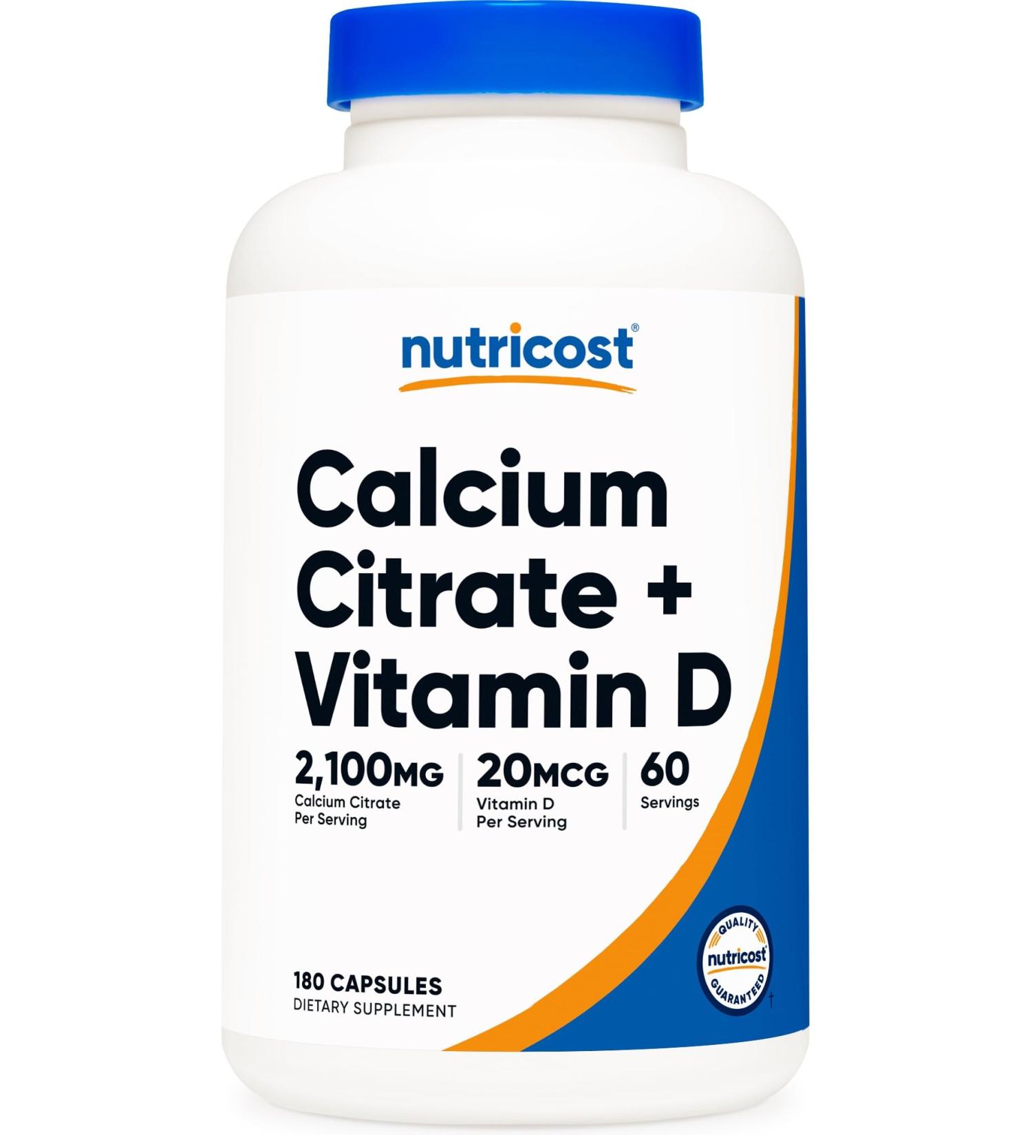 Nutricost Calcium Citrate + Vitamin D Supplement (2 100mg) 180 Capsules - 20mcg of Vitamin D 60 Servings - Buy Online on GoSupps.com