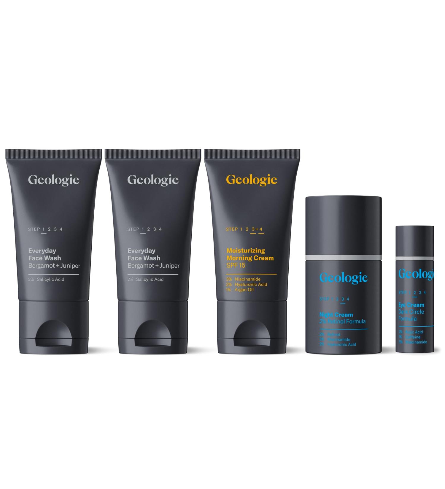 Geologie Complete Skincare Set for Men & Women | 3-Month Simple & Effective Daily Clear Skin Routine | Acne Oily Skin Dark Spots | Face Wash 2-Pack Retinol Face Cream SPF15 Moisturizer & Eye Cream Bergamot + Juniper | S  - Buy Online on GoSupps.com