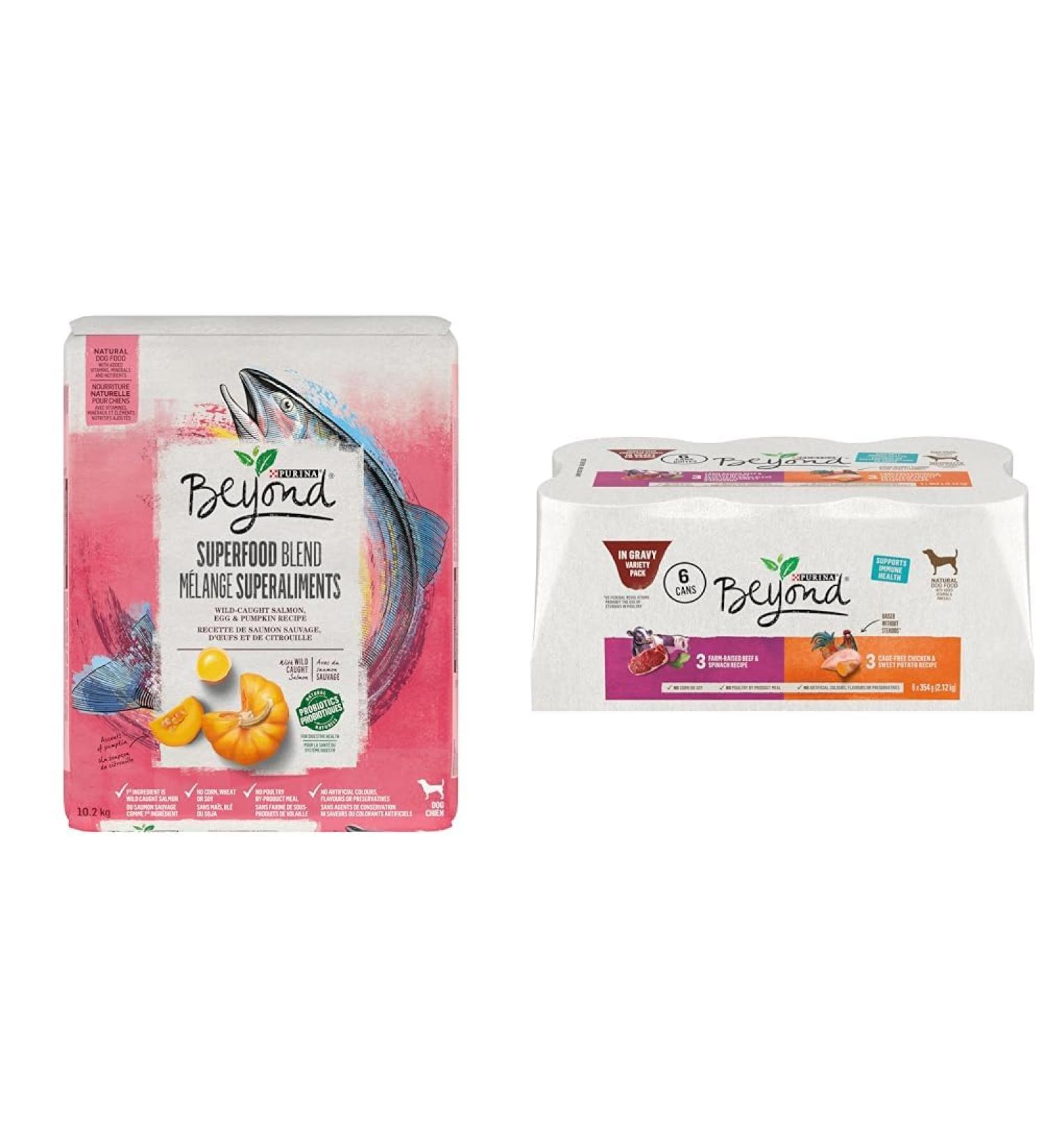 Beyond Superfood Natural Dry Dog Food Salmon Egg Pumpkin 10.2 kg Bag & Wet Dog Food in Gravy Variety Pack - 354 g x 6 Can (6 Pack) 10.2 kg Bag (1 Pack) Dog Food + Wet Dog Food 354 g x 6 Can - Buy Online on GoSupps.com