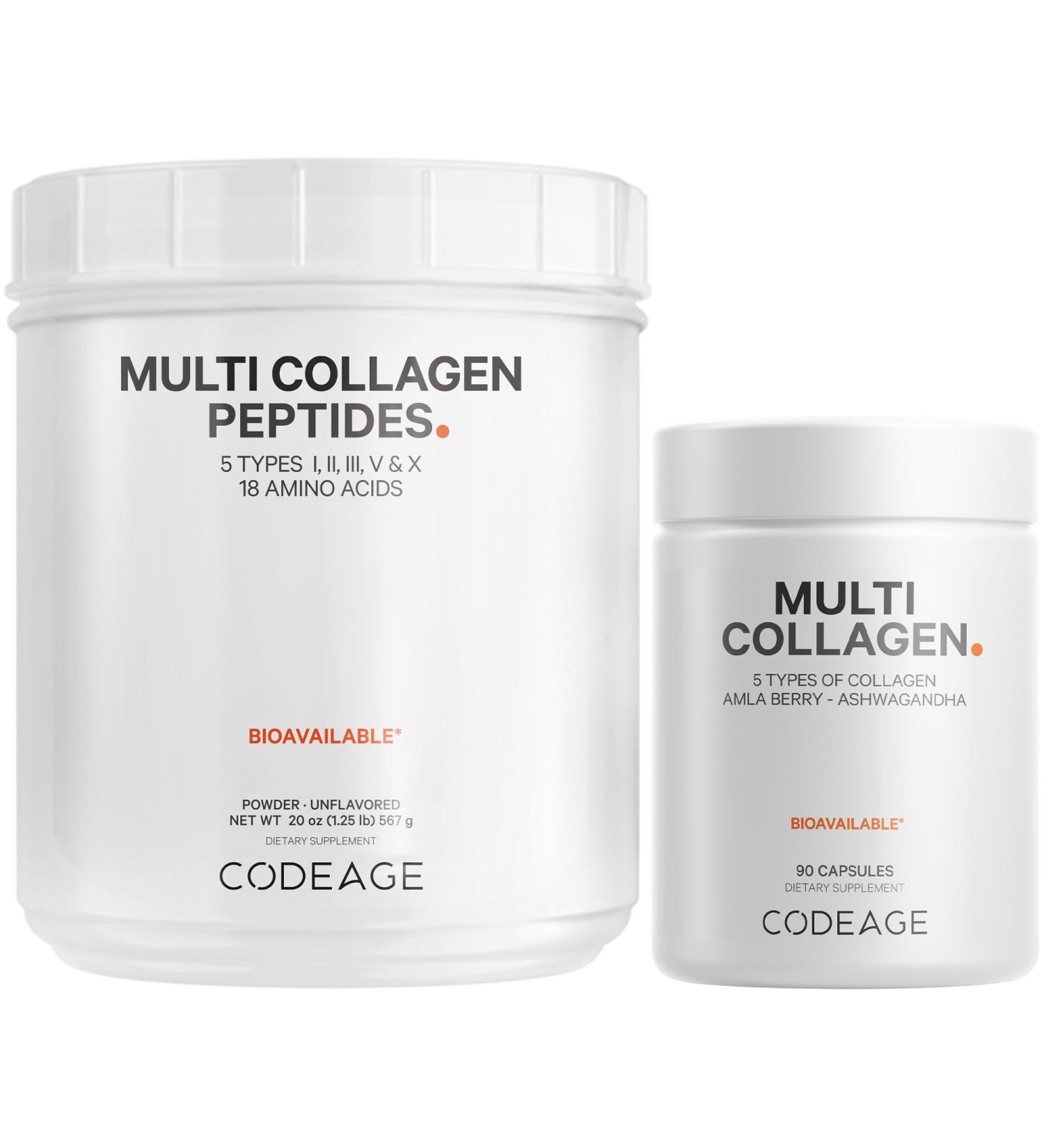 Codeage Multi Collagen Protein Capsules & Multi Collagen Protein Powder Bundle | Multi Collagen Pills Collagen Types I II II V & X 90 Count | Multi Collagen Peptides - Pure Hydrolyzed 20 oz - Buy Online on GoSupps.com