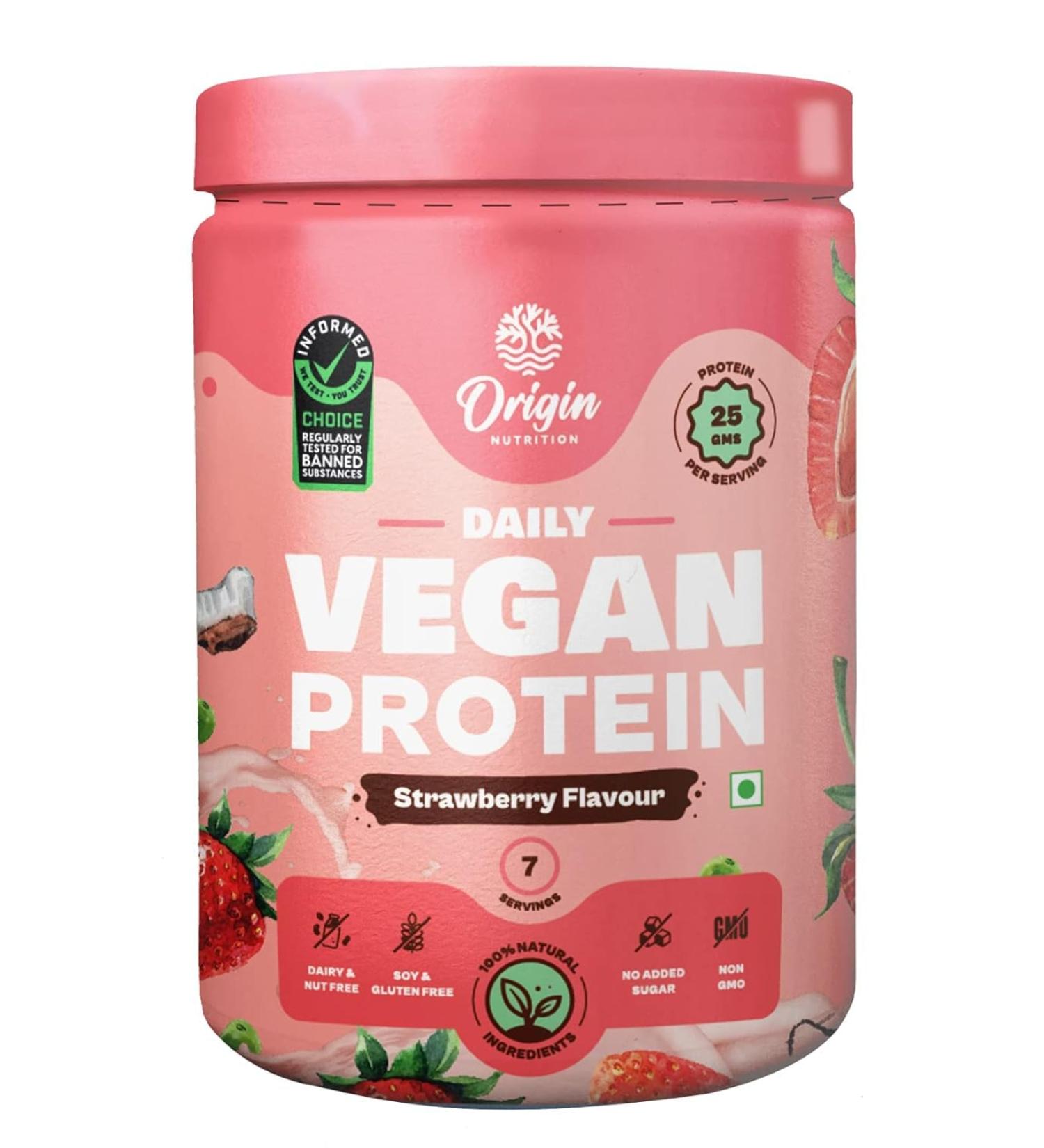 ORI GIN NUTRITION 100% Natural Vegan Plant Protein Powder Ranked Best Vegan Protein Easy To Digest Strawberry Flavour With 25G Plant Based Protein Dairy Free No Added Sugar Non-Gmo 7 Servings 290G - Buy Online on GoSupps.com