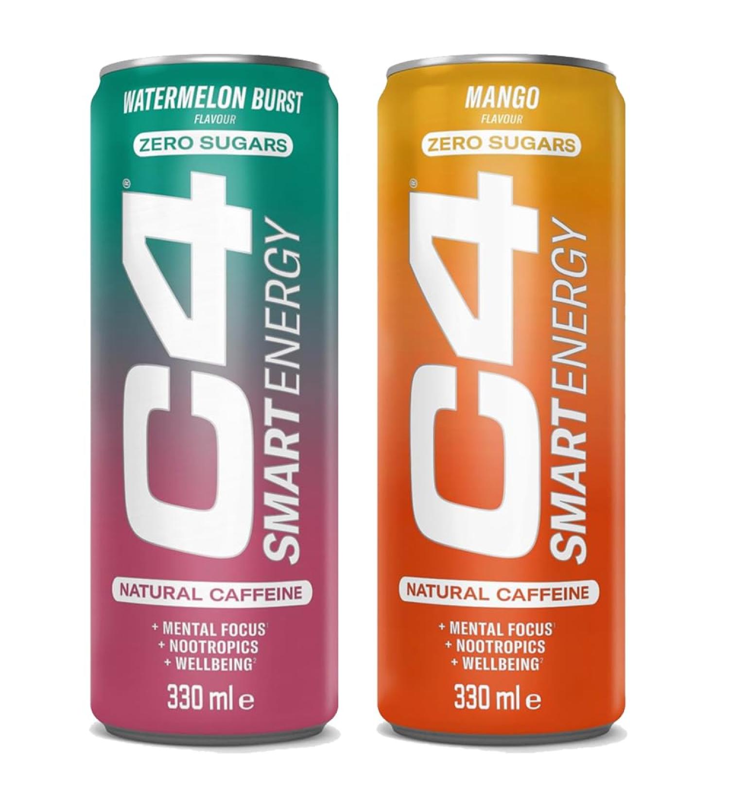C4 Smart Energy Drink Watermelon Burst Flavor Zero Sugar Mental & Physical Boost 330ml (Pack Of 12 Random Mixed) Random Mixed Pack Of 12