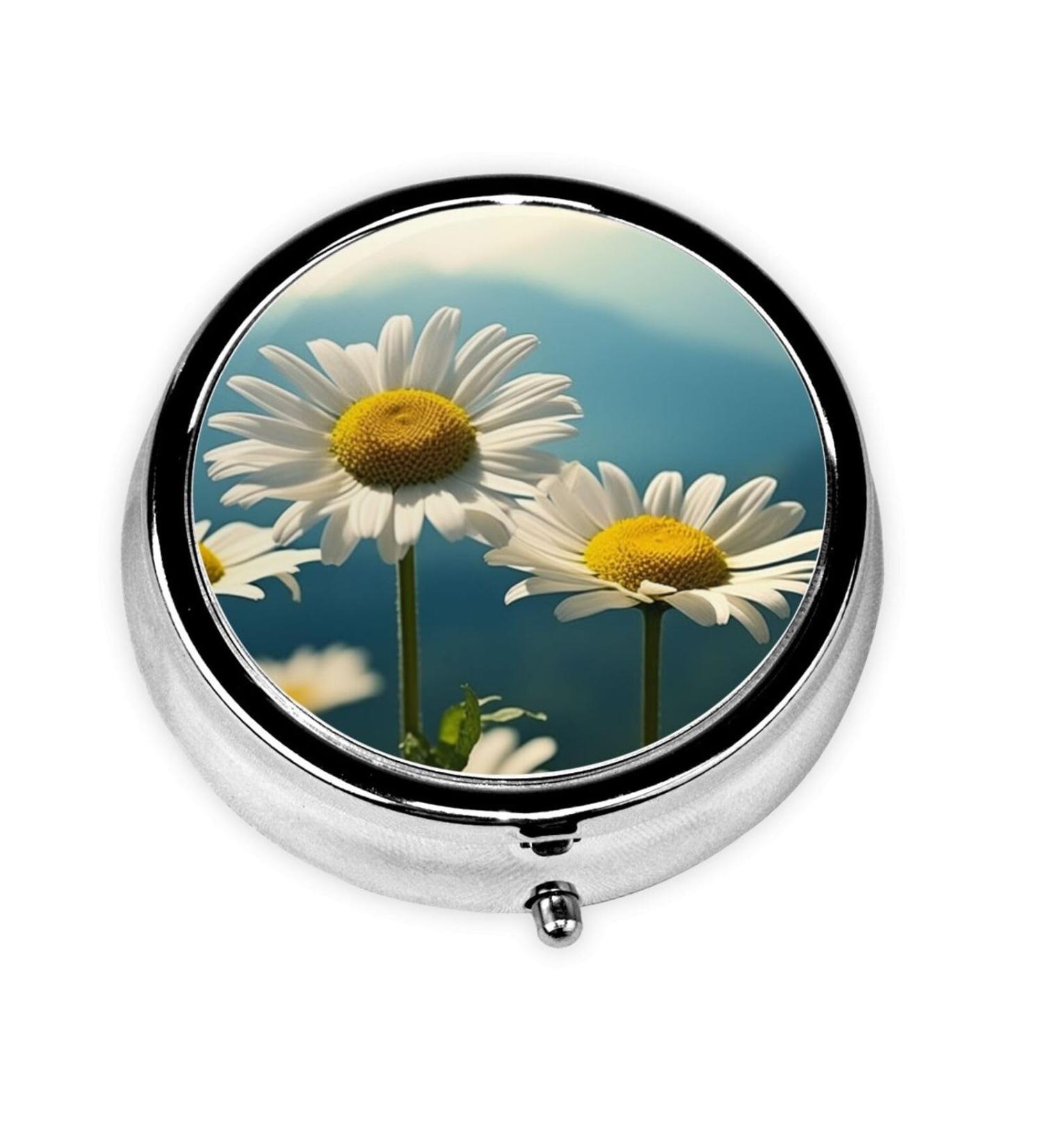 Portable Metal Pill Box with Daisies - Round Mini 3-Compartment Design | Ideal for Travel & Small Pills | Hinged Fastening in Black - Buy Online on GoSupps.com