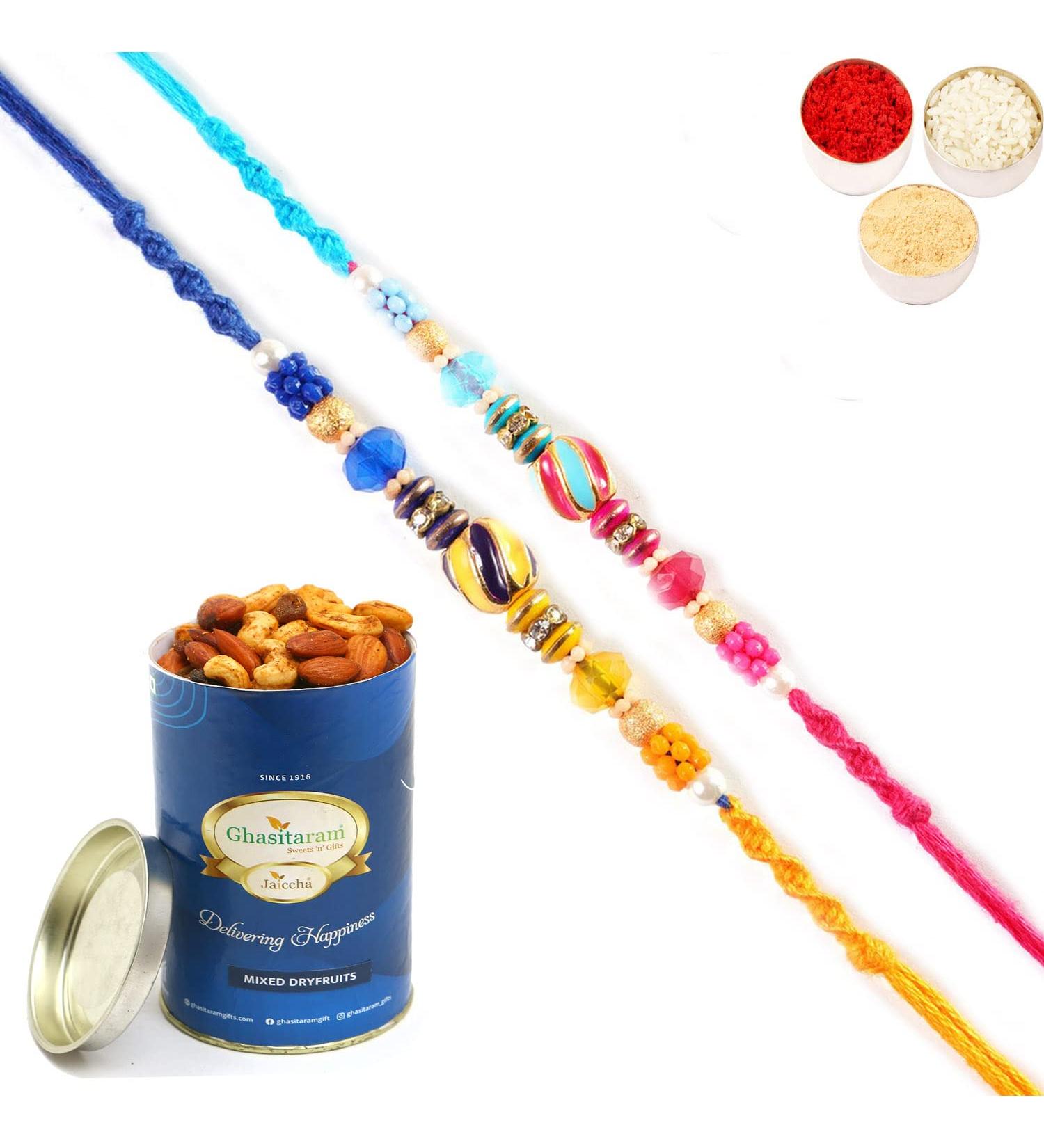 Ghasitaram Gifts Rakhi for Brother Rakhis Online - Set of 2-mbh333a Rakhis with 100 GMS of Dryfruits Mix Can Rakhi with 100 gms of Dryfruits Mix Can - Buy Online on GoSupps.com