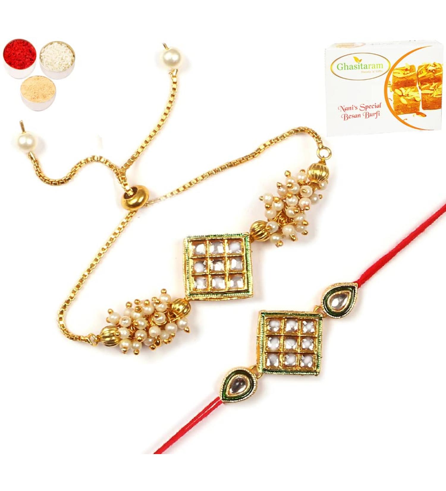 Ghasitaram Gifts Rakhis Online - Rakhi for Brother-RT- GR- Stone Bhaiya Bhabhi Rakhi with 400 GMS of Besan Barfi Rakhi Set with 400 gms of Besan Barfi - Buy Online on GoSupps.com