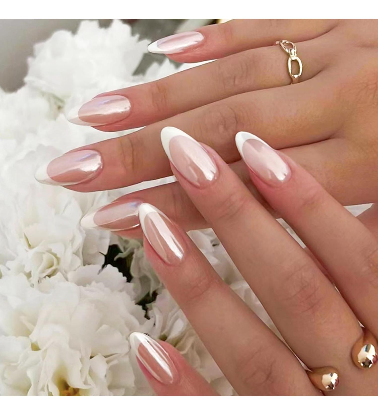 YOSOMK French Tip Press on Nails | Medium Almond Fake Nails with Chrome Designs | Glossy Nude Mirror Acrylic Nails for Women - Buy Online on GoSupps.com
