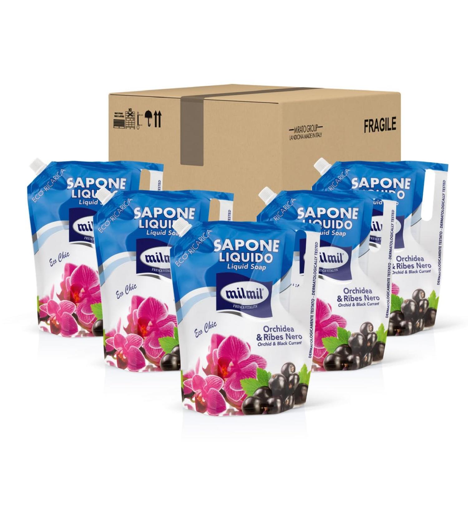  Milmil Milmil Eco Chic Liquid Soap Orchid and Blackcurrant Scent Refill Pack Hand Face and Body Soap Dermatologically Tested - 5 x 900 ml - Buy Online on GoSupps.com