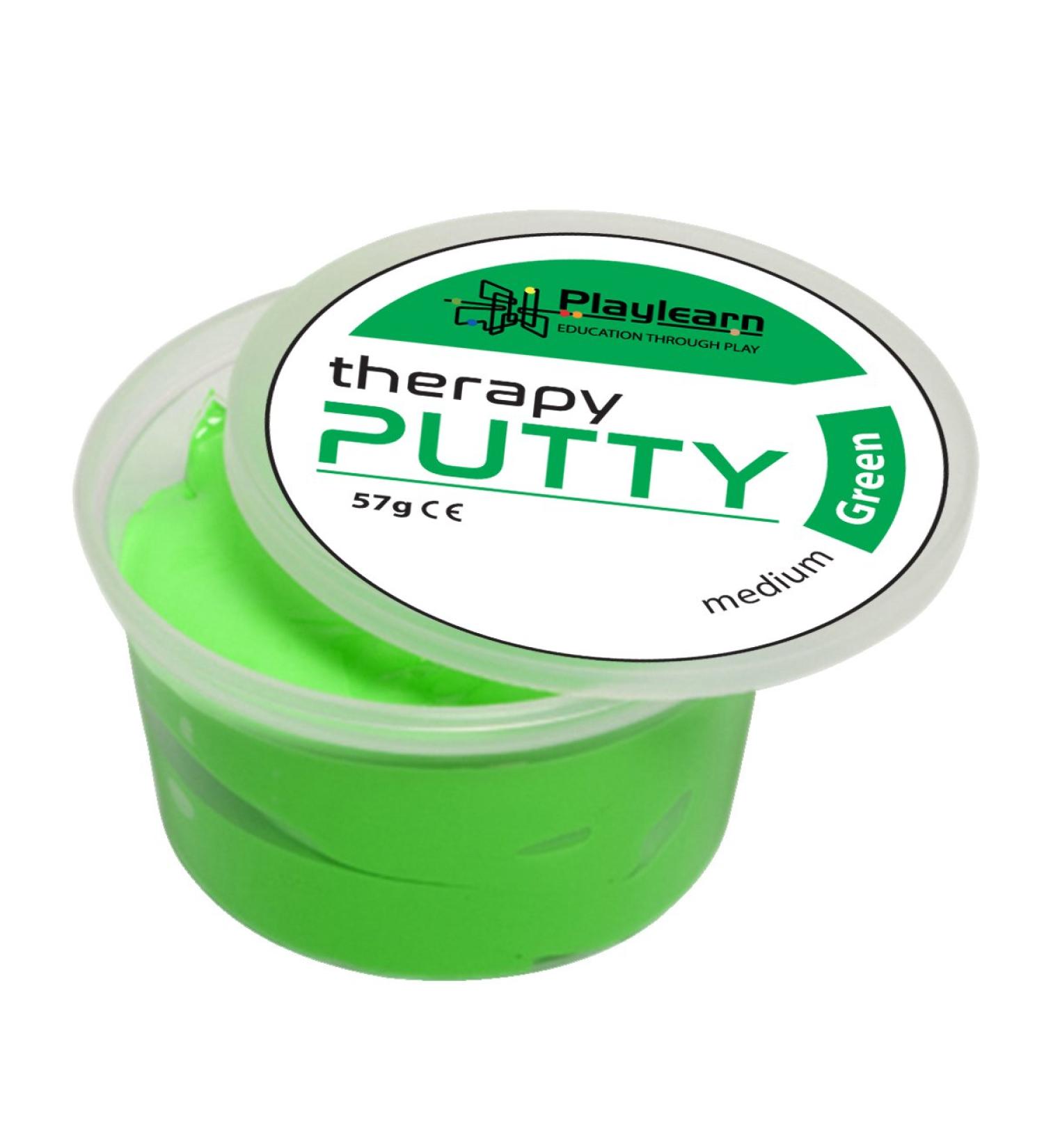 Playlearn Therapy Putty Medium Resistance Squeezable Non-Toxic Hand Exercise Colour Coded Green for Adults & Children 57g (2oz) Tubs