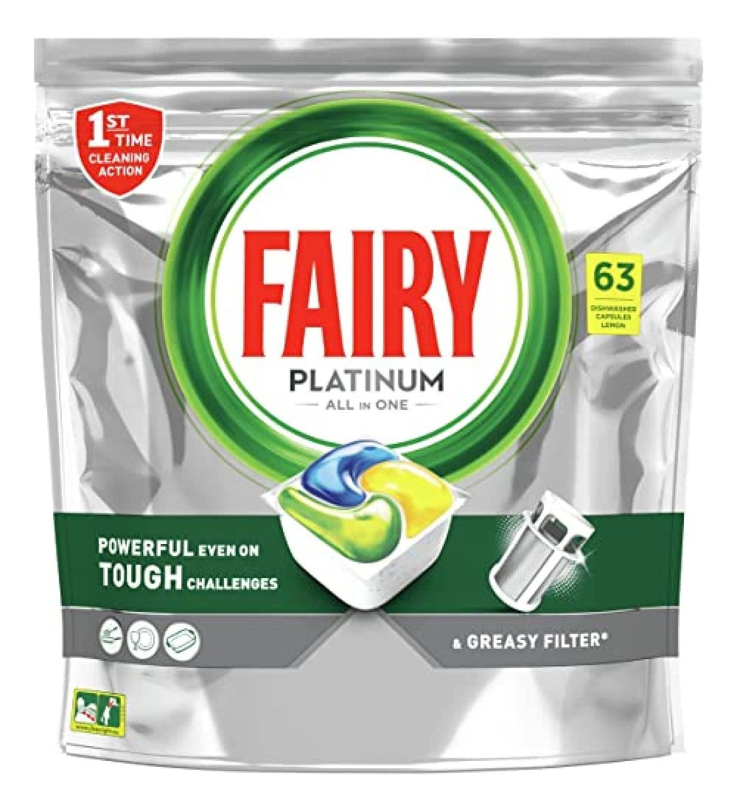 Buy Fairy Platinum Dishwasher Tabs - Pack of 63 Lemon Scented Dishwasher Tablets for Superior Cleaning - International Shipping Available - Buy Online on GoSupps.com