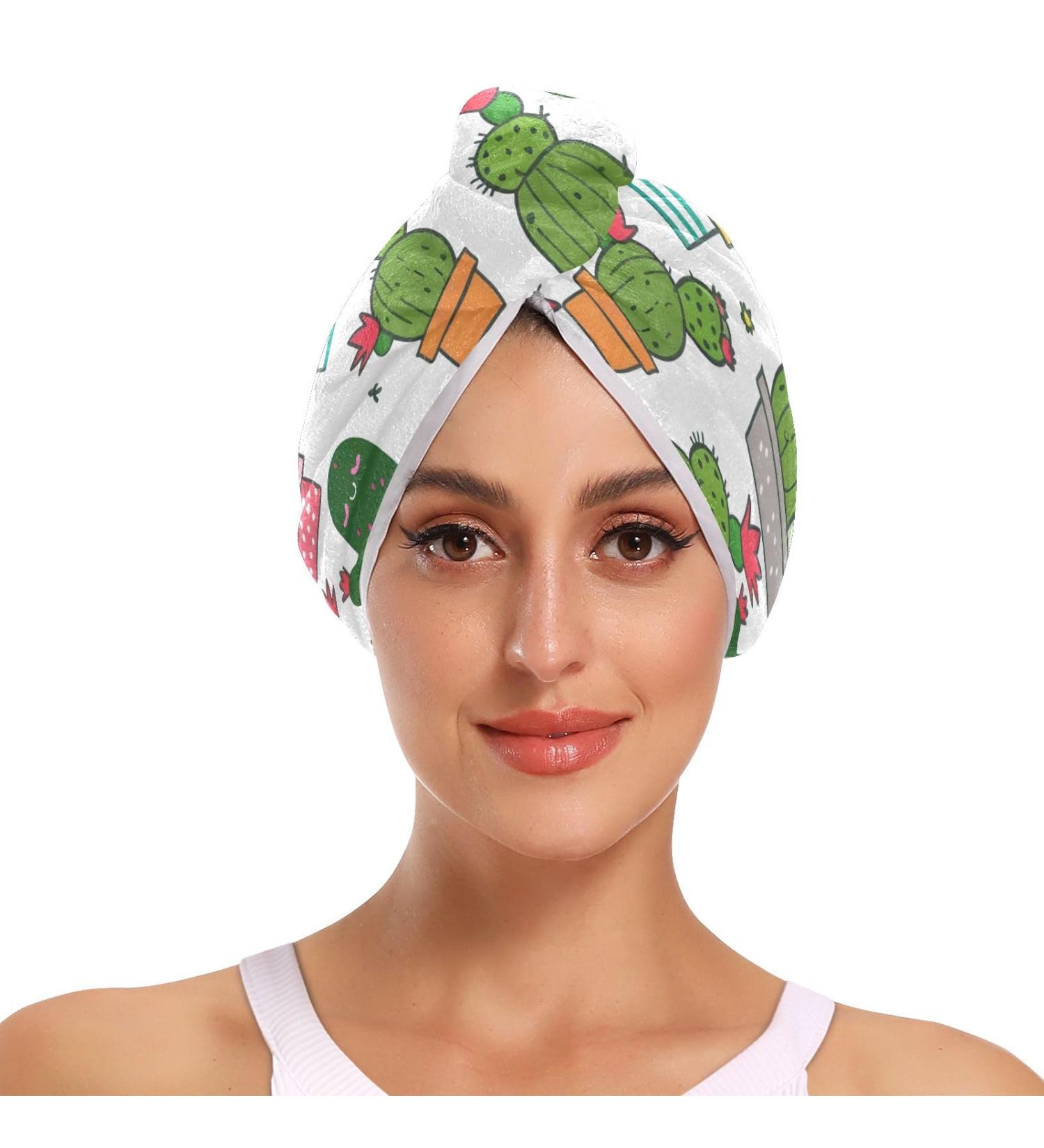 Seamless Cute Cactus Hair Towel 2 Pack | Super Absorbent Quick Dry Hair Turbans for Women & Girls - Buy Online on GoSupps.com
