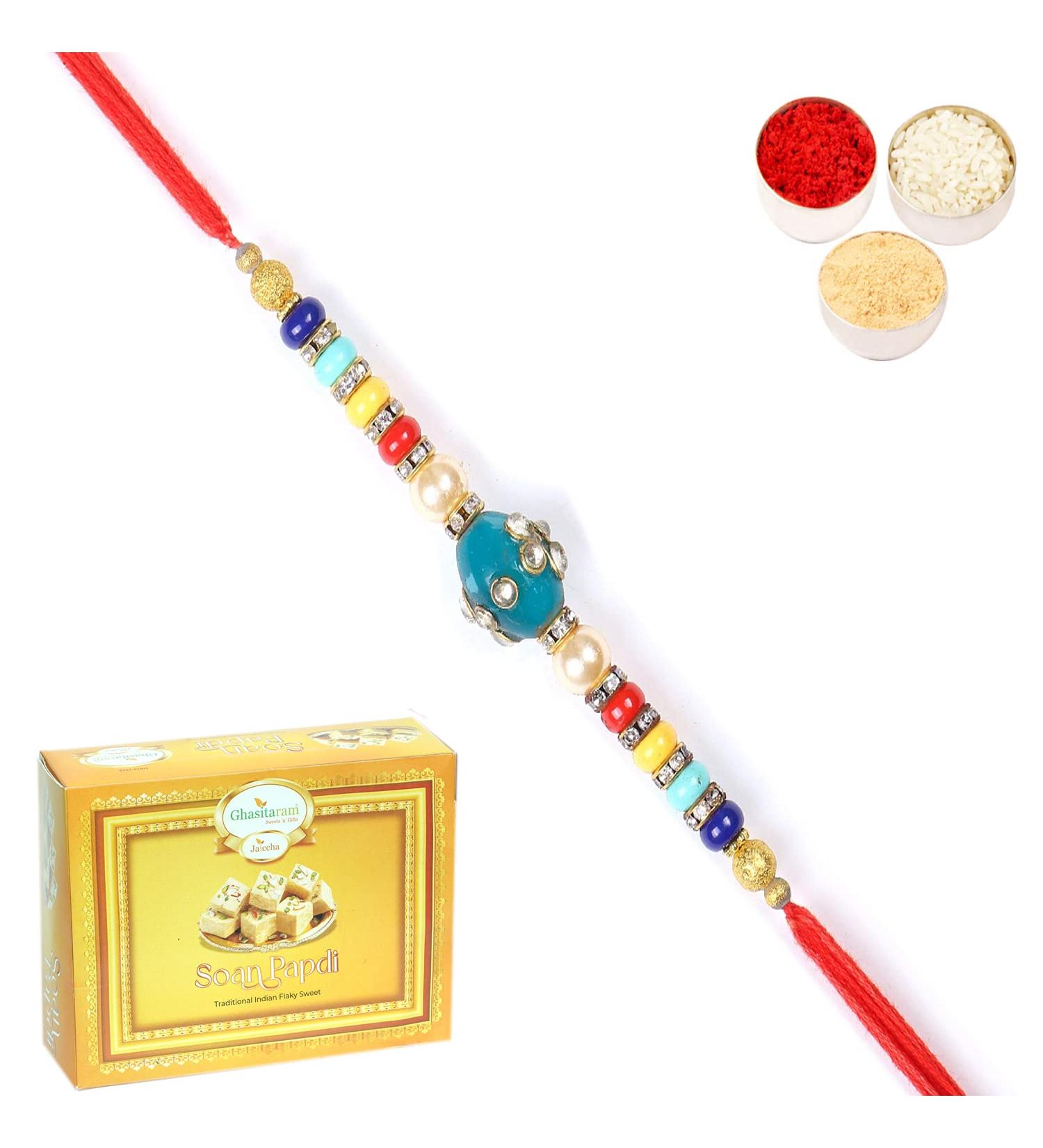 Ghasitaram Gifts Rakhi for Brother Rakhis Online - 2K-276 Fancy Thread Rakhi with 200 GMS of Soan Papdi - Buy Online on GoSupps.com