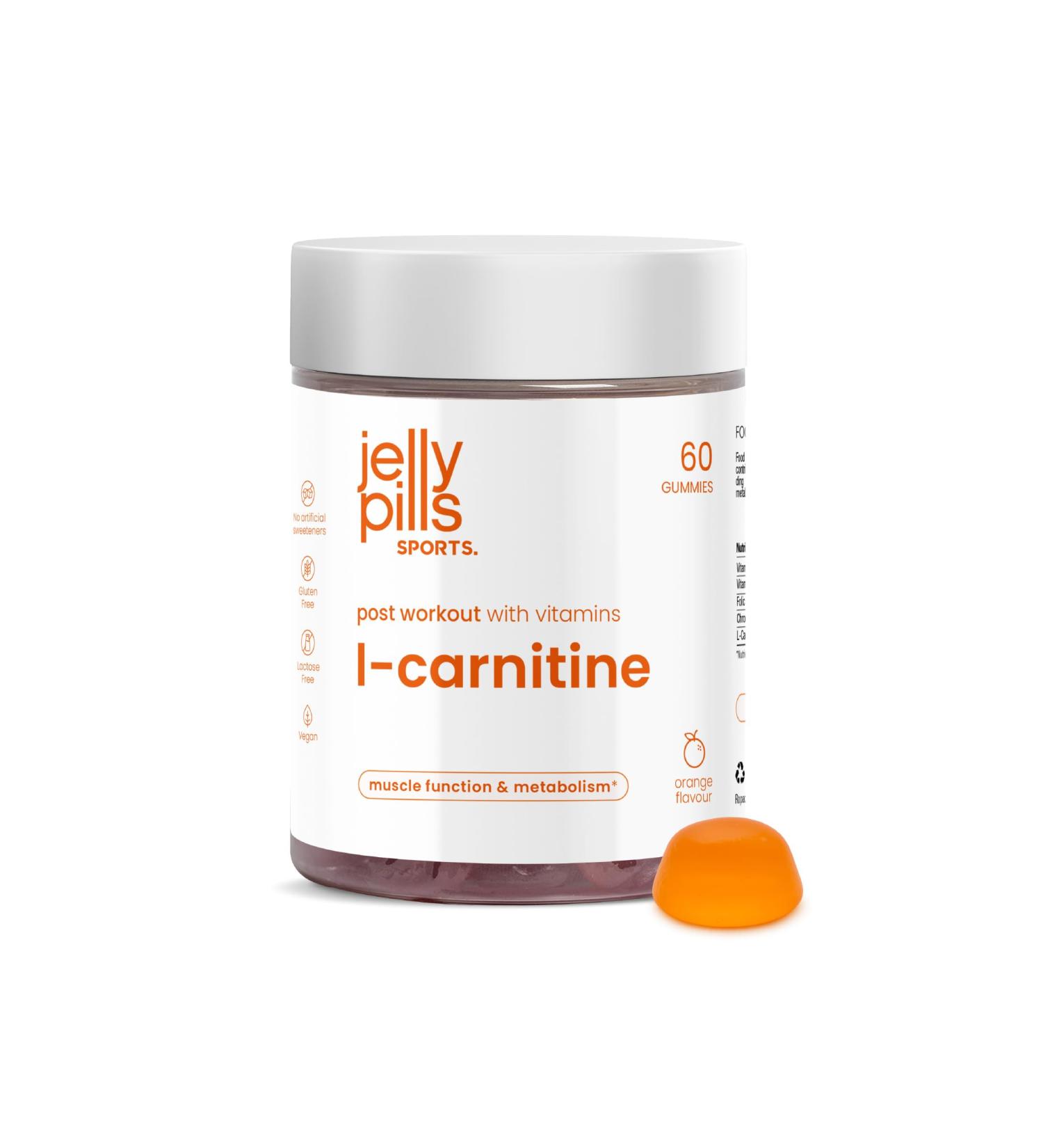 Jelly Pills Sports L-Carnitine 60 gummies v ganes 400 mg de L-carnitine par portion M tabolisme nerg tique et fonction musculaire Vitamines D3 B7 B9 et chrome Saveur orange 13 5 kcal pa - Buy Online on GoSupps.com