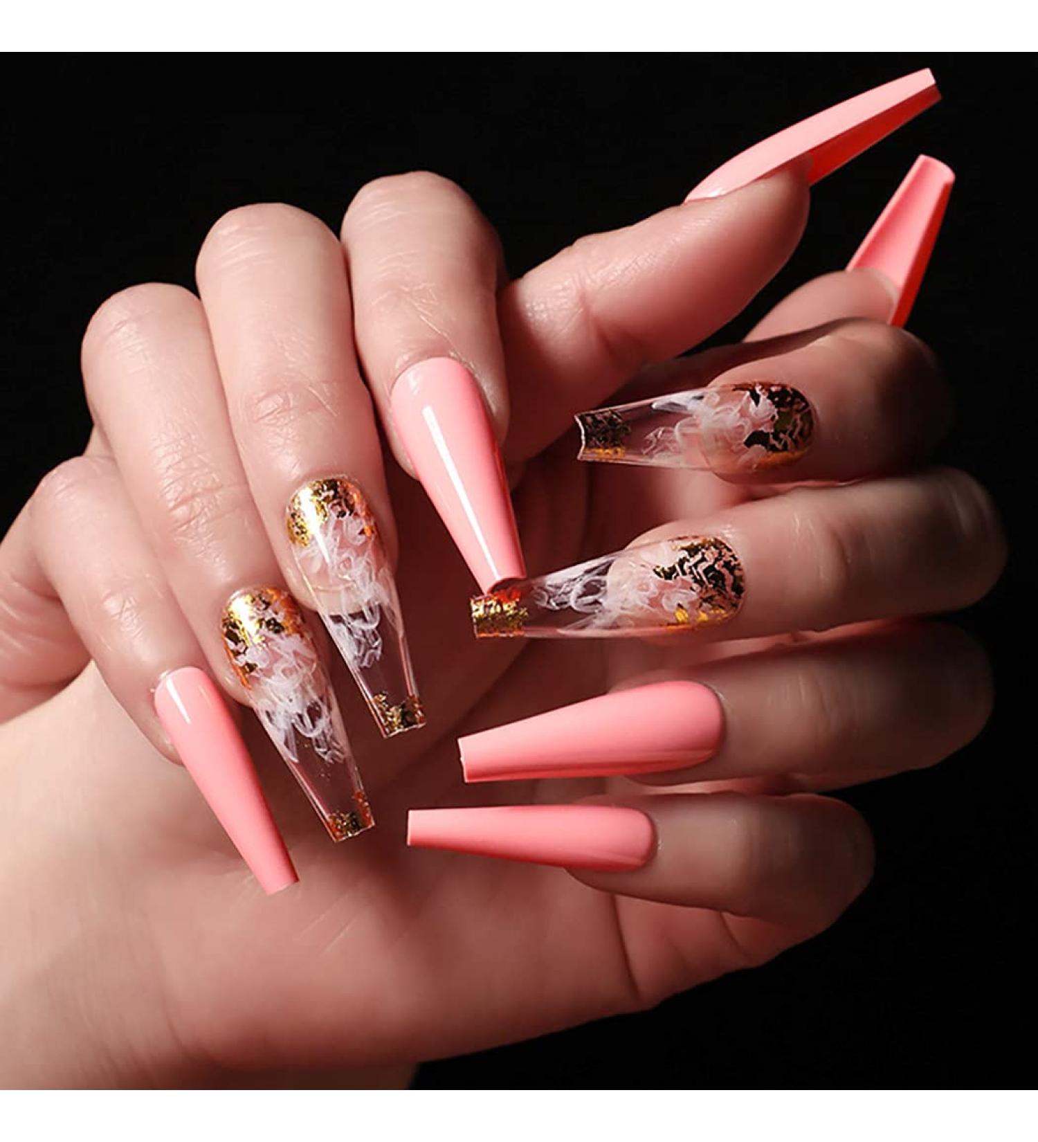 Sethexy Long Ballerina False Nails - Shiny Gold Sparkle Coffin Press-On Tips for Women & Girls | 24 St Bling Acrylic Nail Kit with Glue (Pink) - Buy Online on GoSupps.com