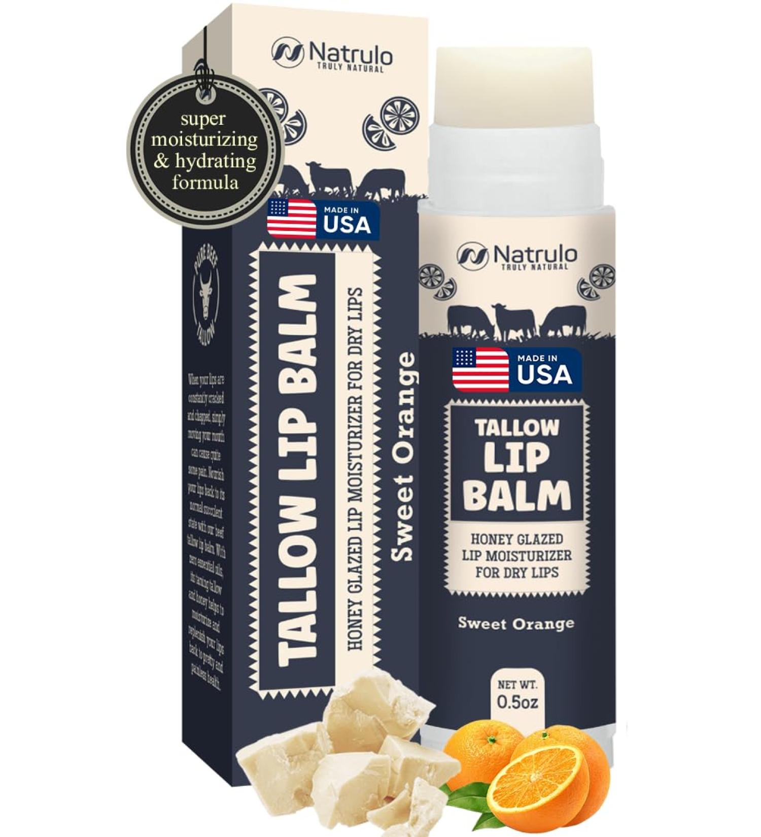 Beef Tallow Lip Balm Natural Tallow Beeswax Chapstick Hydrating Moisturizer Grass Fed Tallow Balm Lip Care Soothes Chapped Dry Lips Sensitive Skin Long Lasting Vitamin Rich USA-Made Orange - Buy Online on GoSupps.com