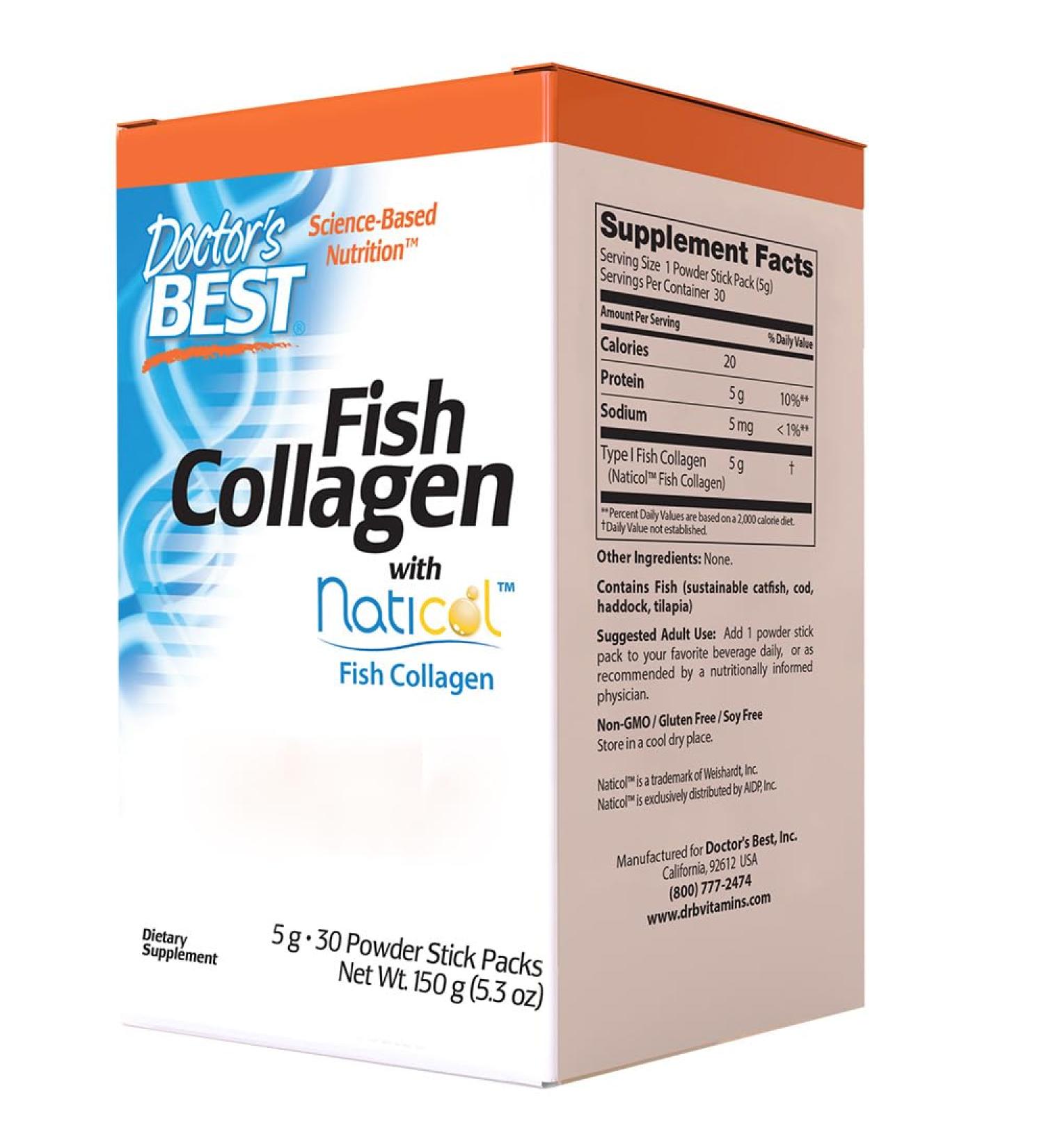 Doctor's Best Fish Collagen with Naticol 5000mg 30 Sachets High Dosed Amino Acid Lab Tested Gluten Free Soy Free Vegetarian Non-GMO - Buy Online on GoSupps.com